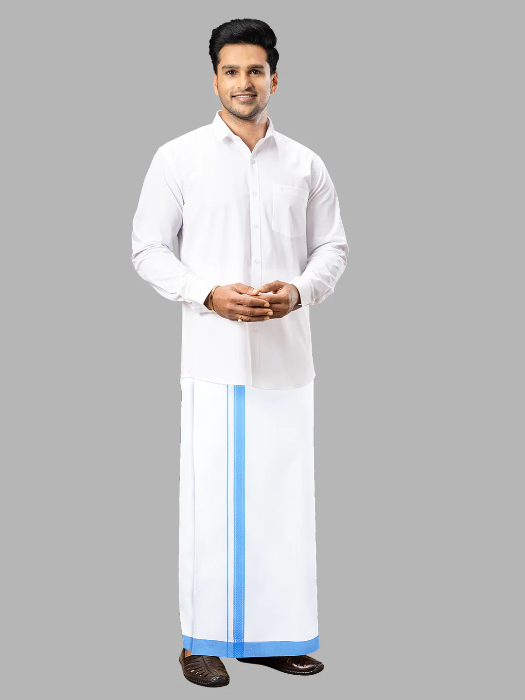 Men Cotton Blend Readymade Single Layer White Dhoti with Fancy Border GACF10 - Image 5
