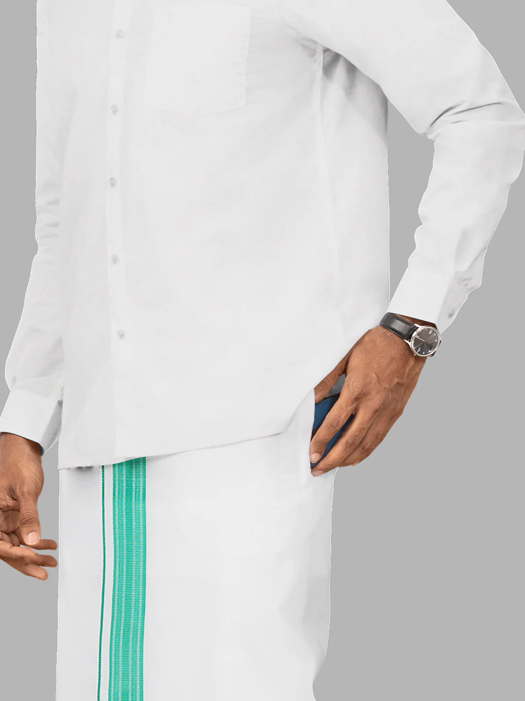 Men Cotton Blend Readymade Single Layer White Dhoti with Fancy Border GACF11 - Image 2