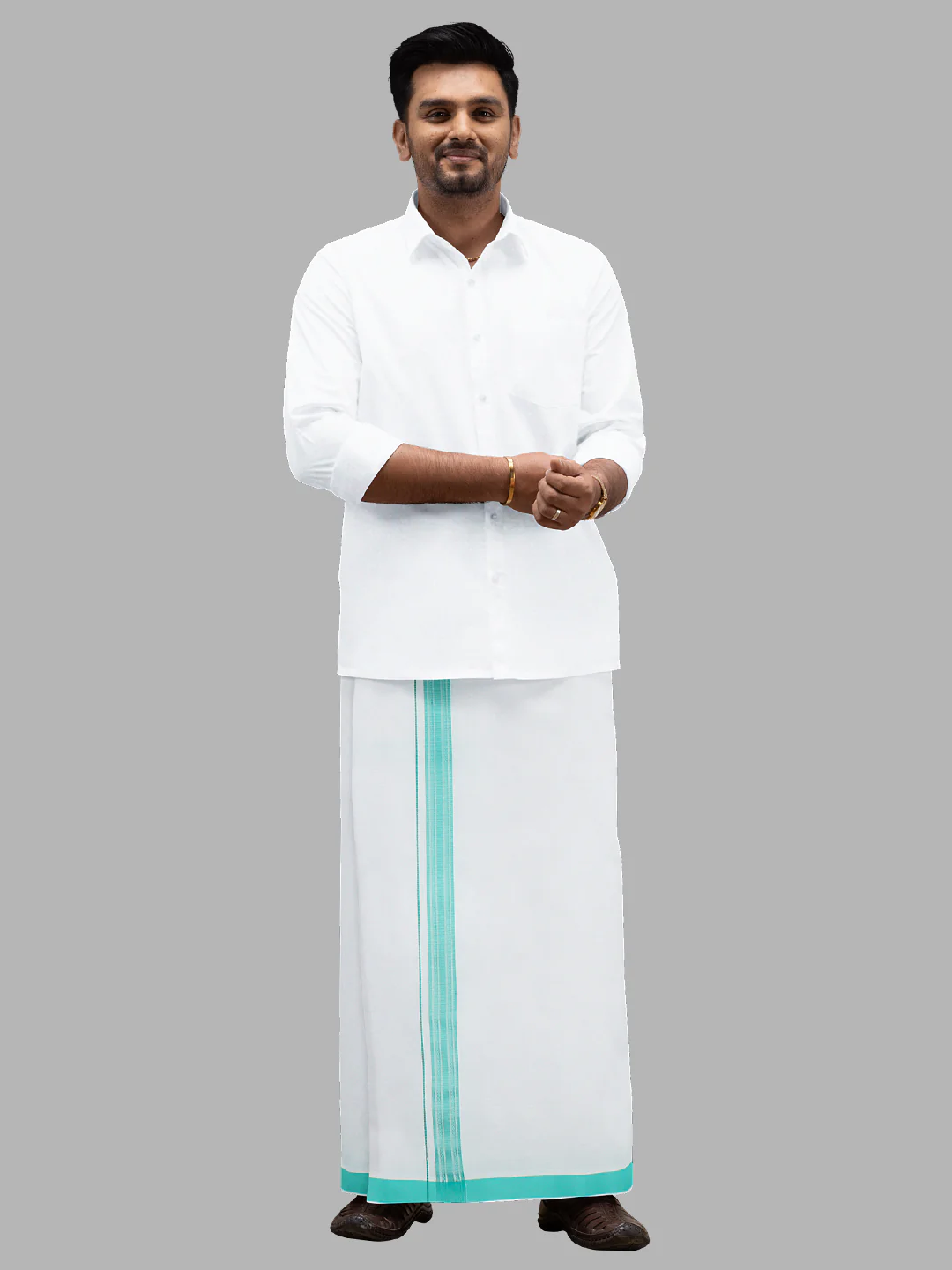Men Cotton Blend Readymade Single Layer White Dhoti with Fancy Border GACF13 - Image 3