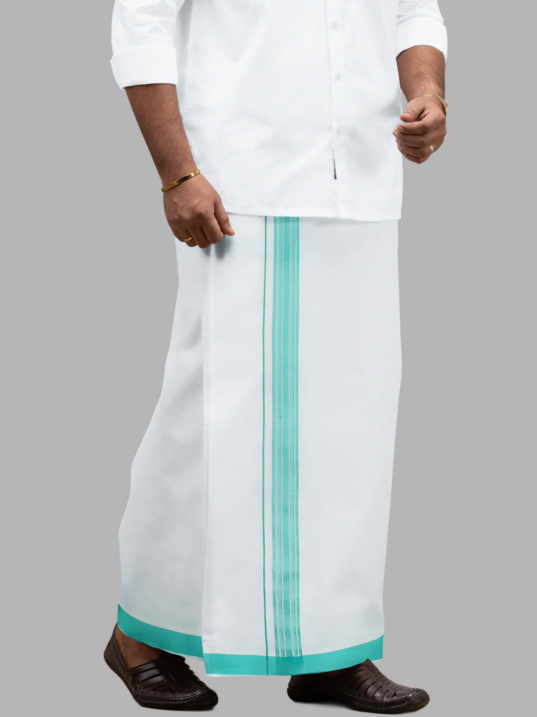 Men Cotton Blend Readymade Single Layer White Dhoti with Fancy Border GACF13 - Image 4