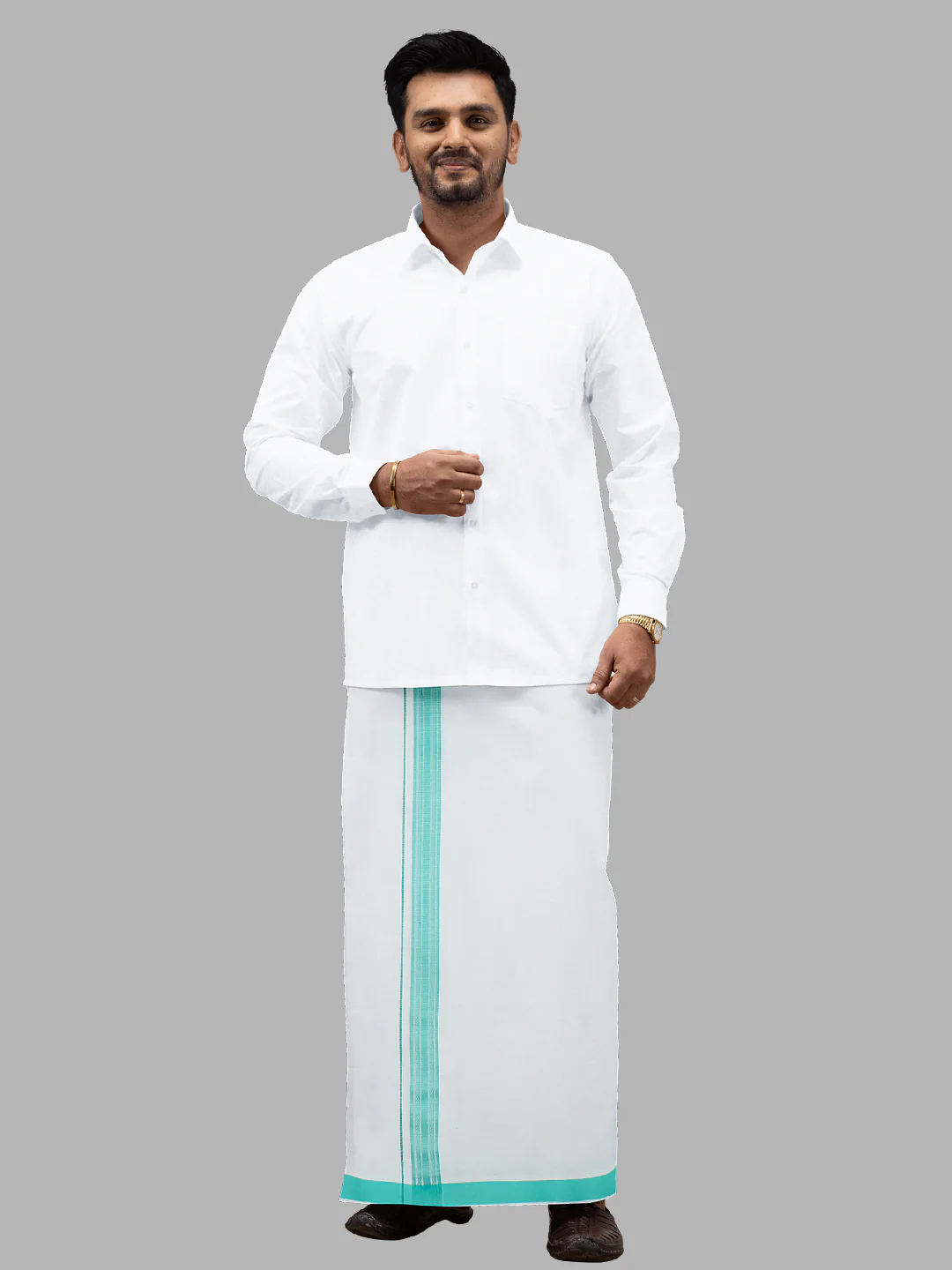 Men Cotton Blend Readymade Single Layer White Dhoti with Fancy Border GACF13 - Image 5