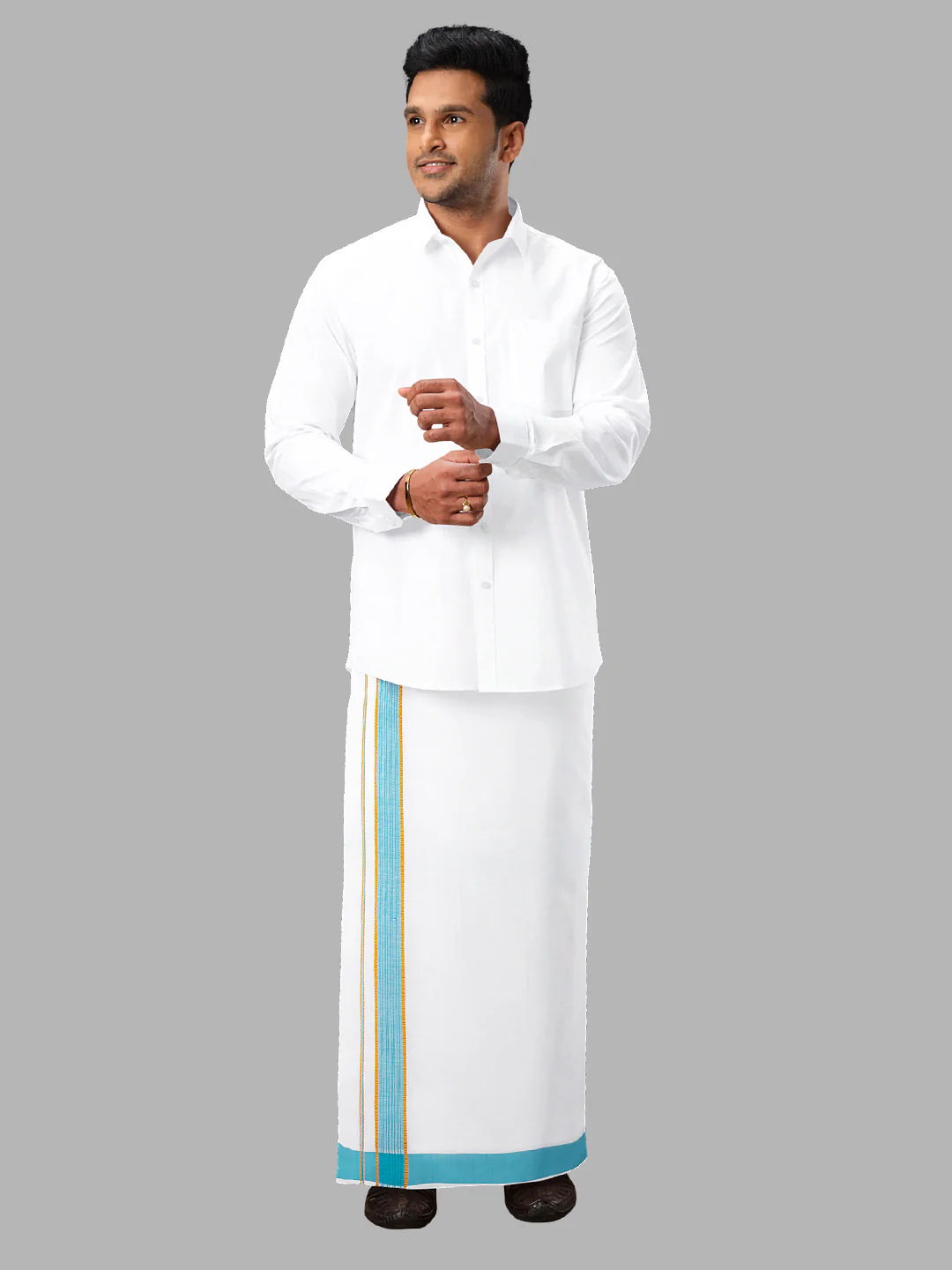 Men Cotton Blend Readymade Single Layer White Dhoti with Fancy Jari Border GACJ07 - Image 3