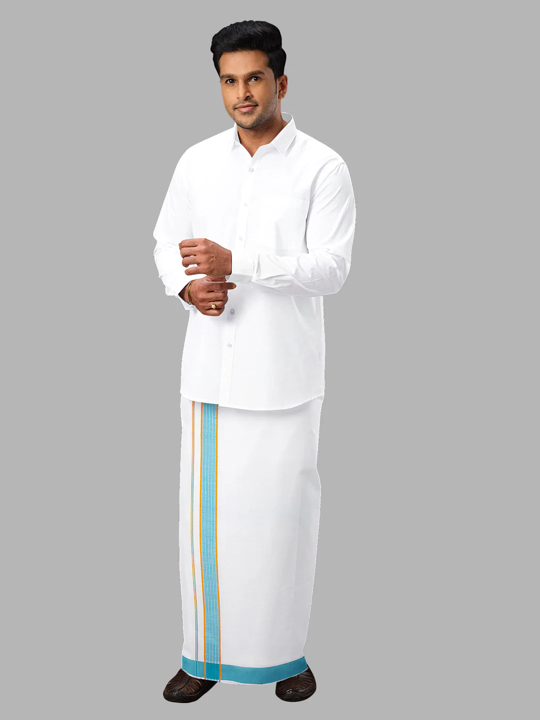 Men Cotton Blend Readymade Single Layer White Dhoti with Fancy Jari Border GACJ07 - Image 5