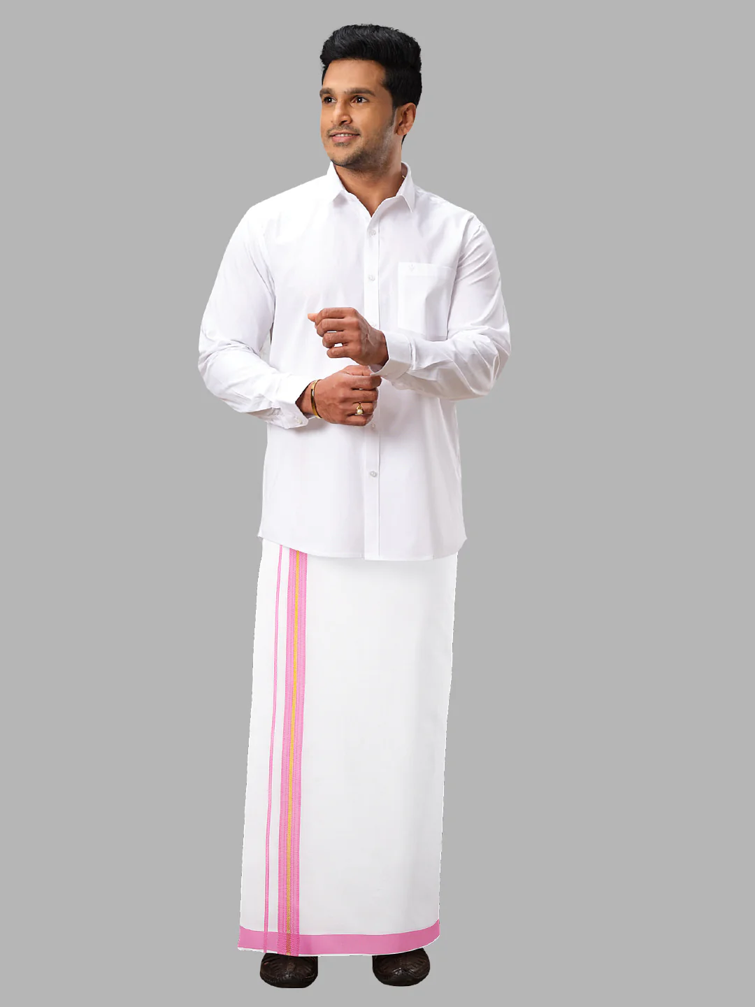 Men Cotton Blend Readymade Single Layer White Dhoti with Fancy Jari Border GACJ08 - Image 3