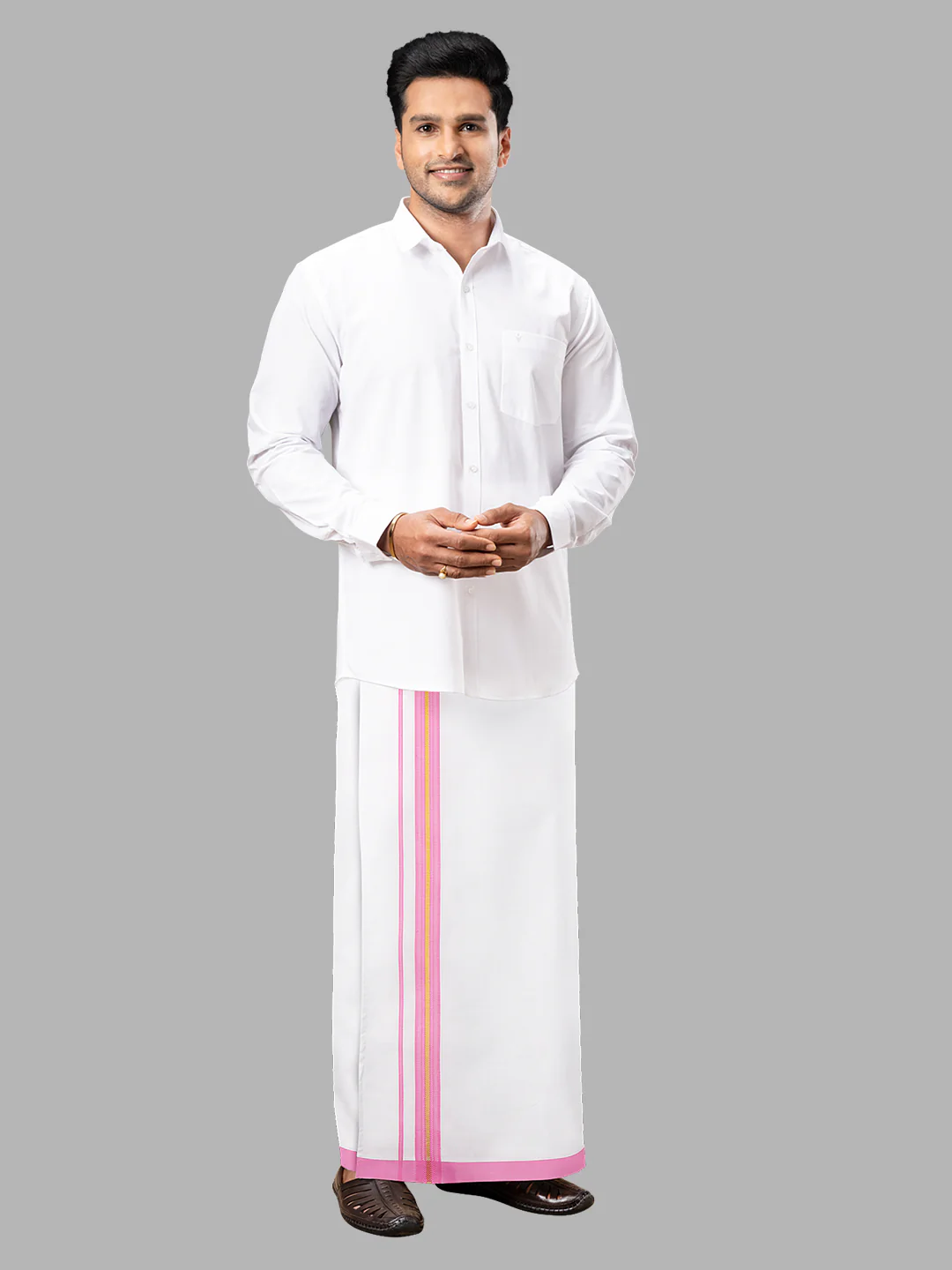 Men Cotton Blend Readymade Single Layer White Dhoti with Fancy Jari Border GACJ08 - Image 5