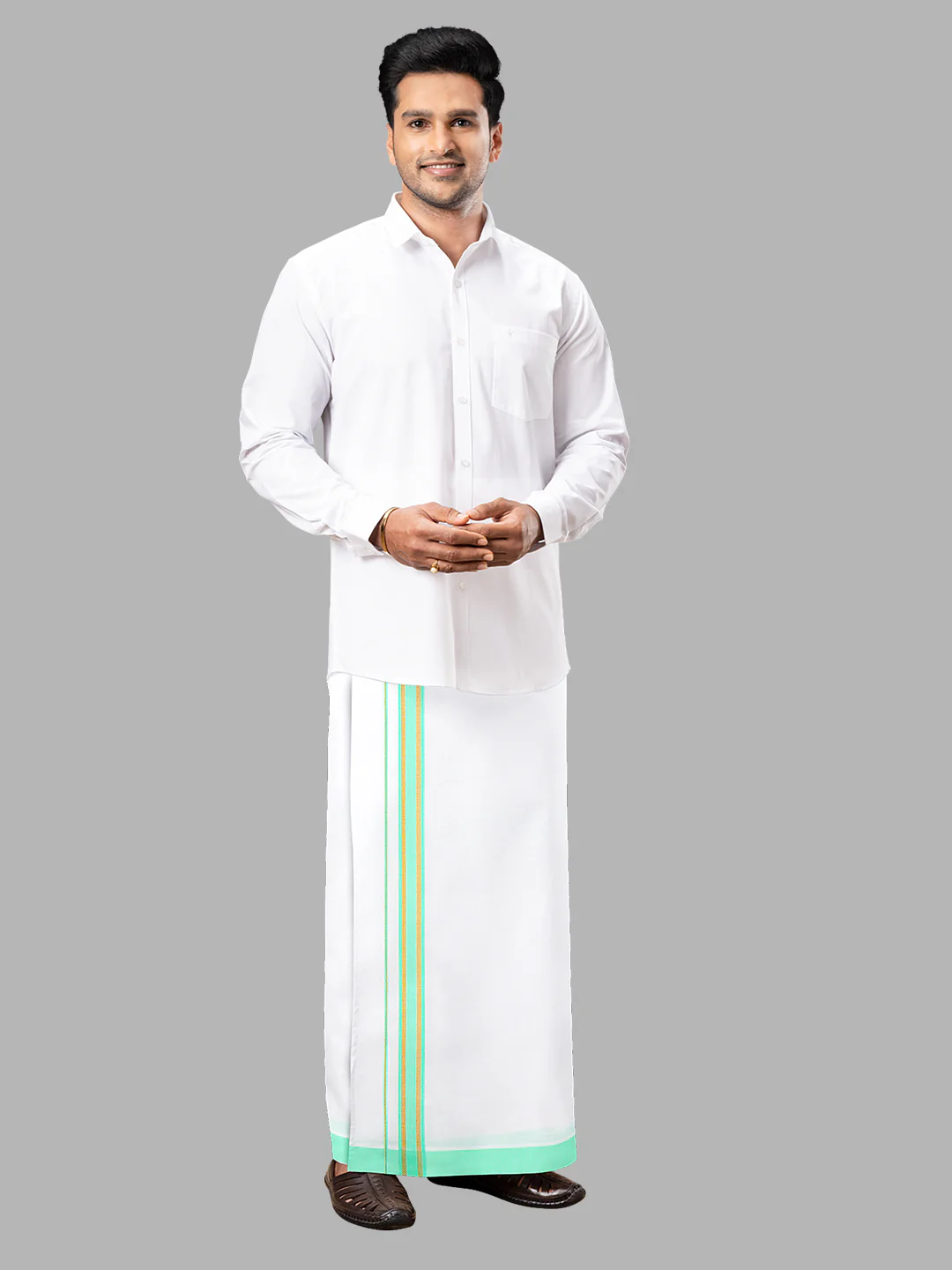 Men Cotton Blend Readymade Single Layer White Dhoti with Fancy Jari Border GACJ30 - Image 3