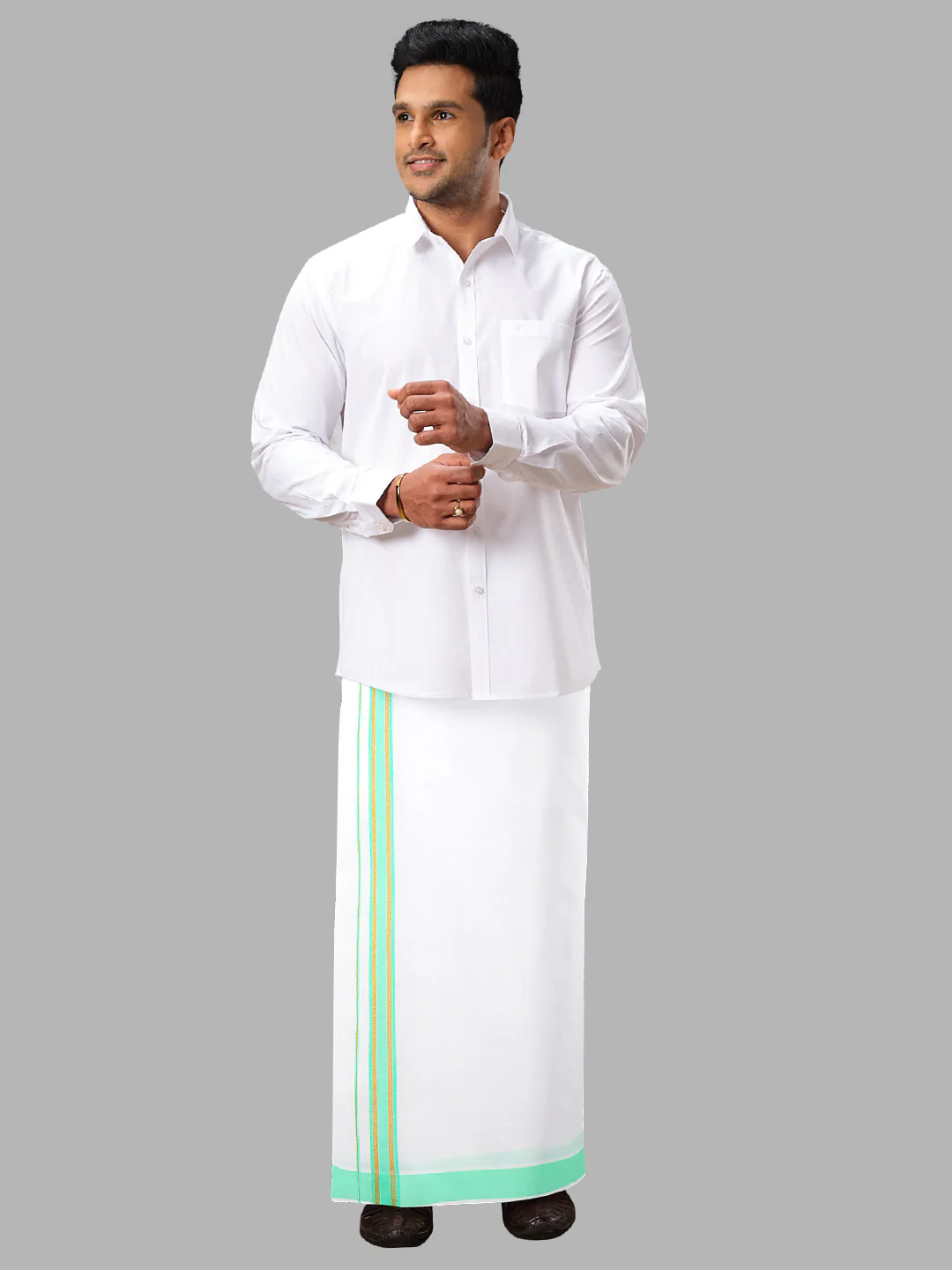 Men Cotton Blend Readymade Single Layer White Dhoti with Fancy Jari Border GACJ30 - Image 5