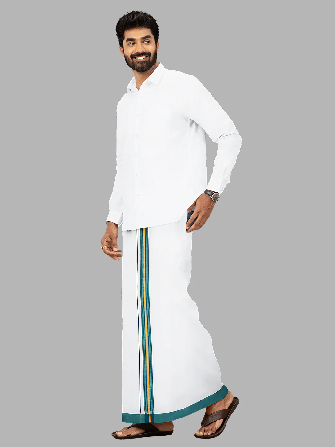 Men Cotton Blend Readymade Single Layer White Dhoti with Fancy Jari Border GACJ36 - Image 2