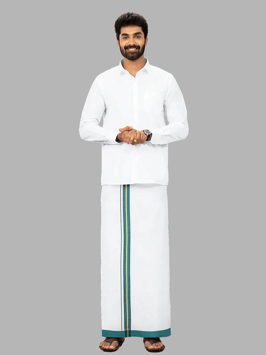 Men Cotton Blend Readymade Single Layer White Dhoti with Fancy Jari Border GACJ36 - Image 3
