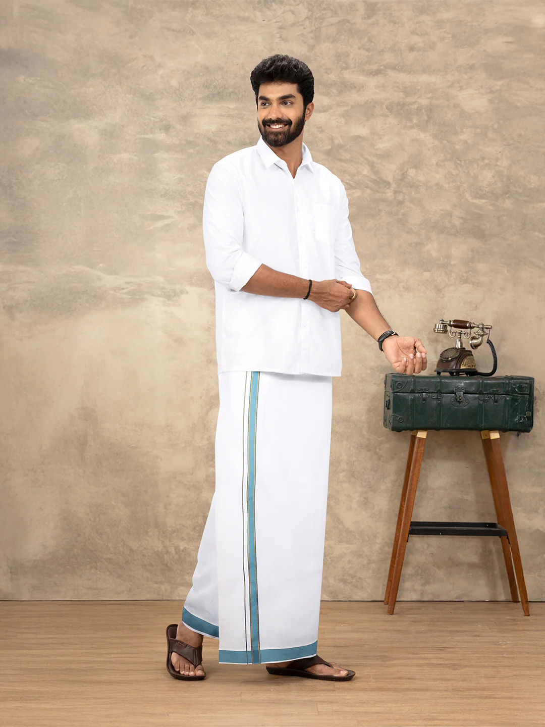 Men Cotton Blend Readymade Single Layer White Dhoti with Fancy Jari Border GACJ37 - Image 2