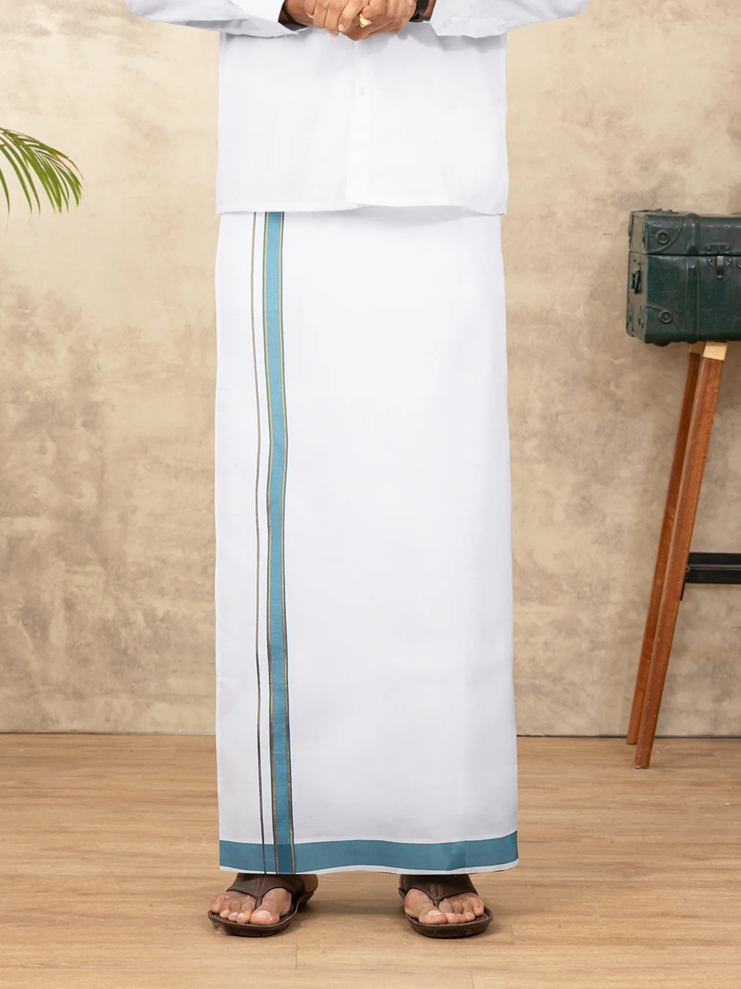 Men Cotton Blend Readymade Single Layer White Dhoti with Fancy Jari Border GACJ37 - Image 5