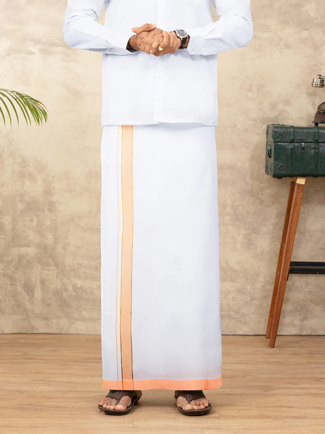 Men Cotton Blend Readymade Single Layer White Dhoti with Fancy Jari Border GACJ38 - Image 2