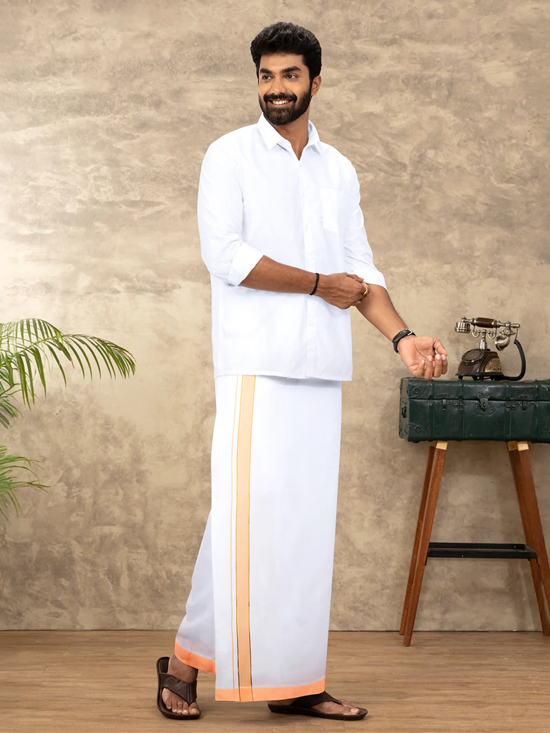 Men Cotton Blend Readymade Single Layer White Dhoti with Fancy Jari Border GACJ38 - Image 3