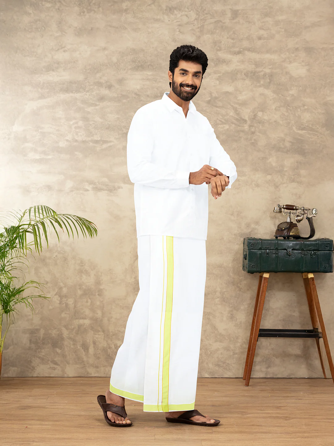 Men Cotton Blend Readymade Single Layer White Dhoti with Fancy Jari Border GACJ39 - Image 2