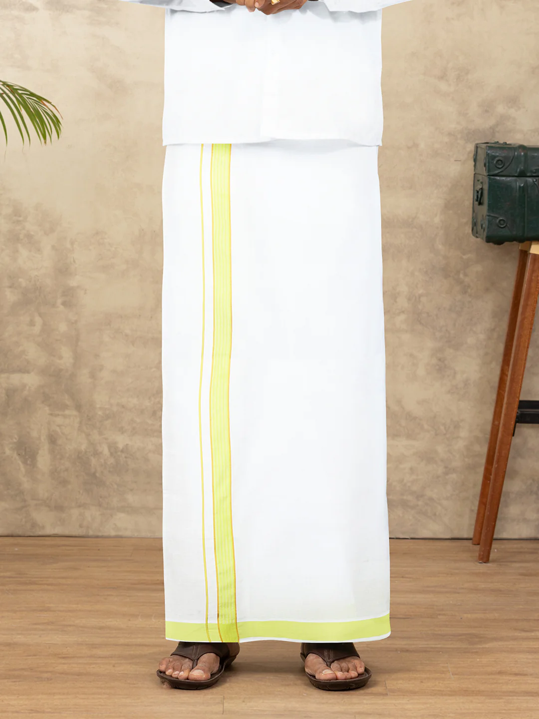 Men Cotton Blend Readymade Single Layer White Dhoti with Fancy Jari Border GACJ39 - Image 3