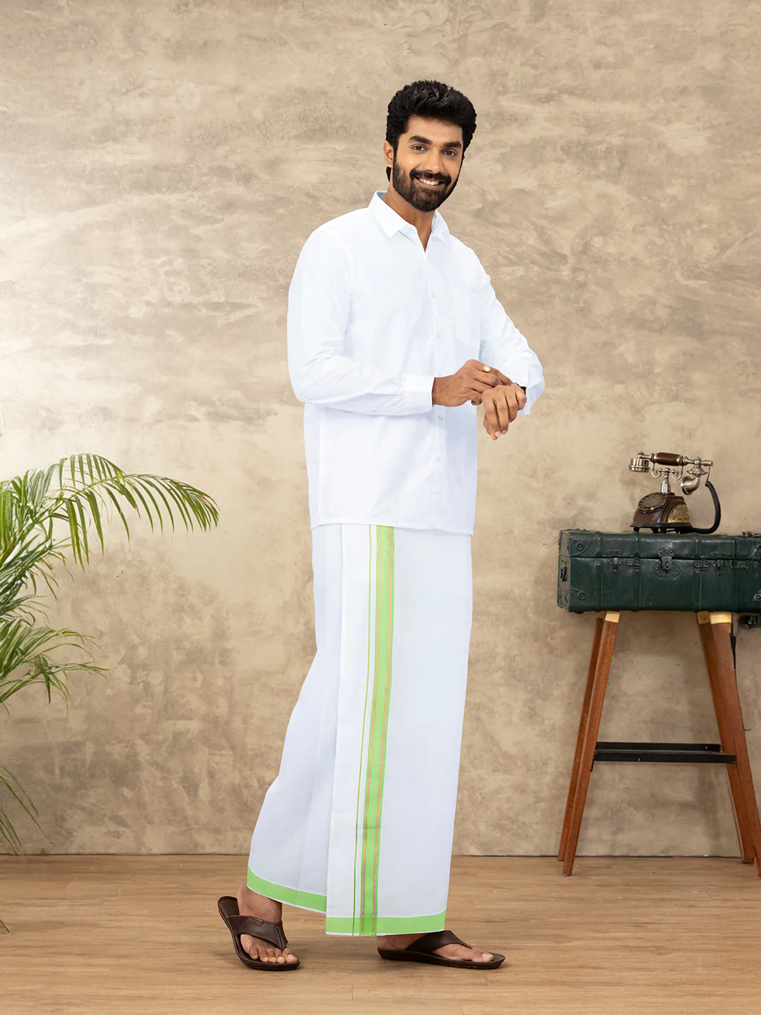 Men Cotton Blend Readymade Single Layer White Dhoti with Fancy Jari Border GACJ40 - Image 2