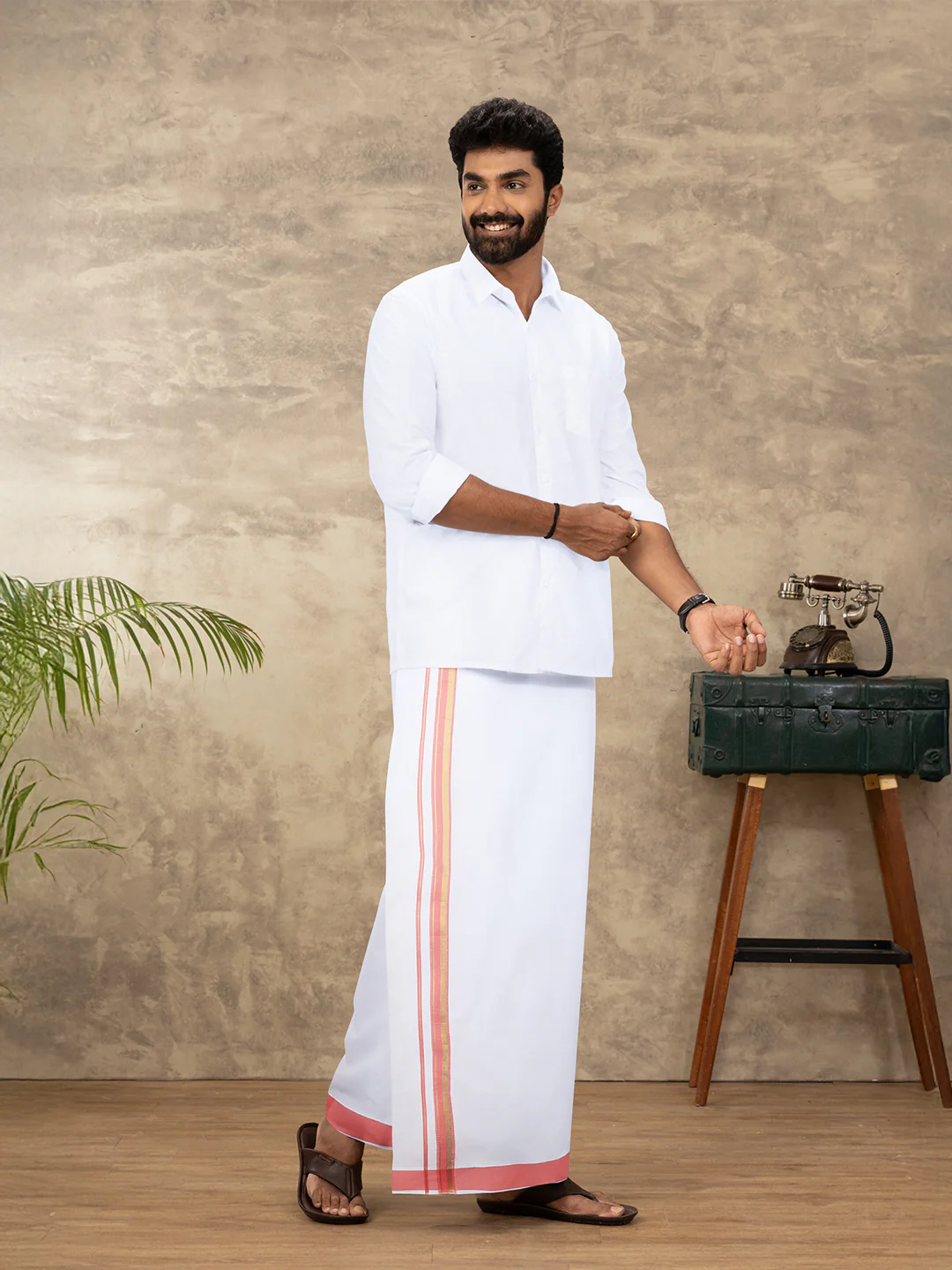 Men Cotton Blend Readymade Single Layer White Dhoti with Fancy Jari Border GACJ41 - Image 2