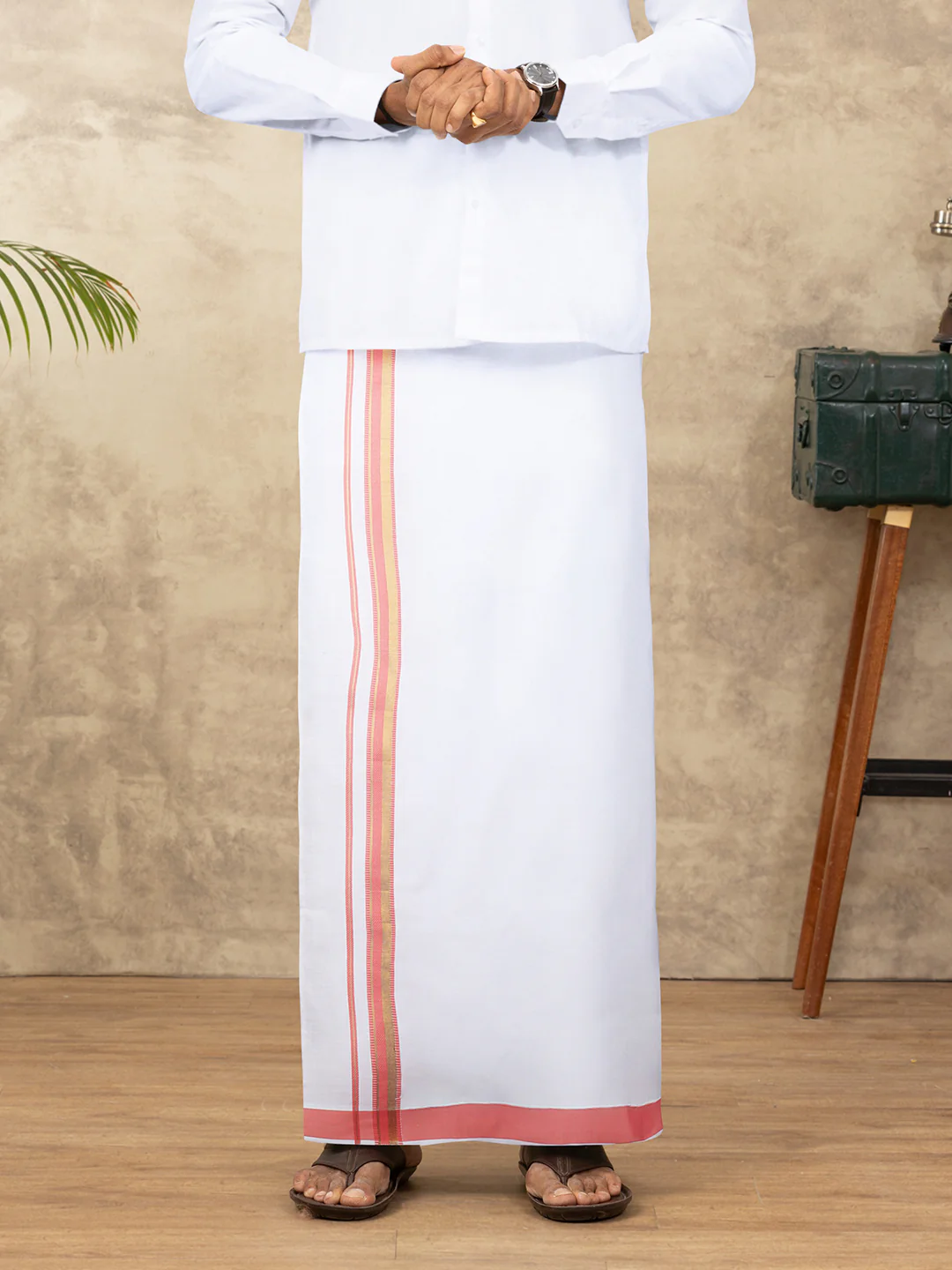 Men Cotton Blend Readymade Single Layer White Dhoti with Fancy Jari Border GACJ41 - Image 3