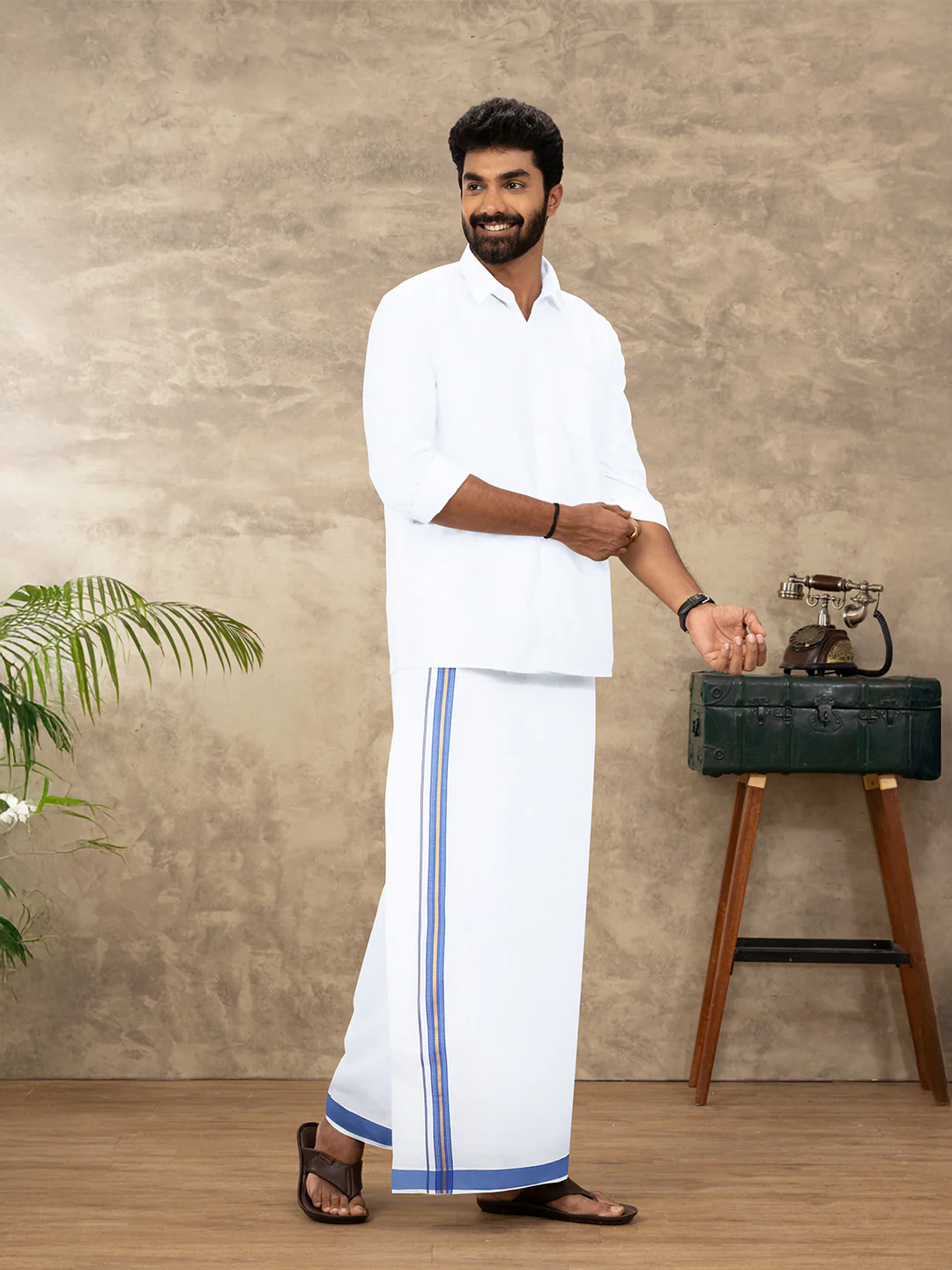 Men Cotton Blend Readymade Single Layer White Dhoti with Fancy Jari Border GACJ42 - Image 2