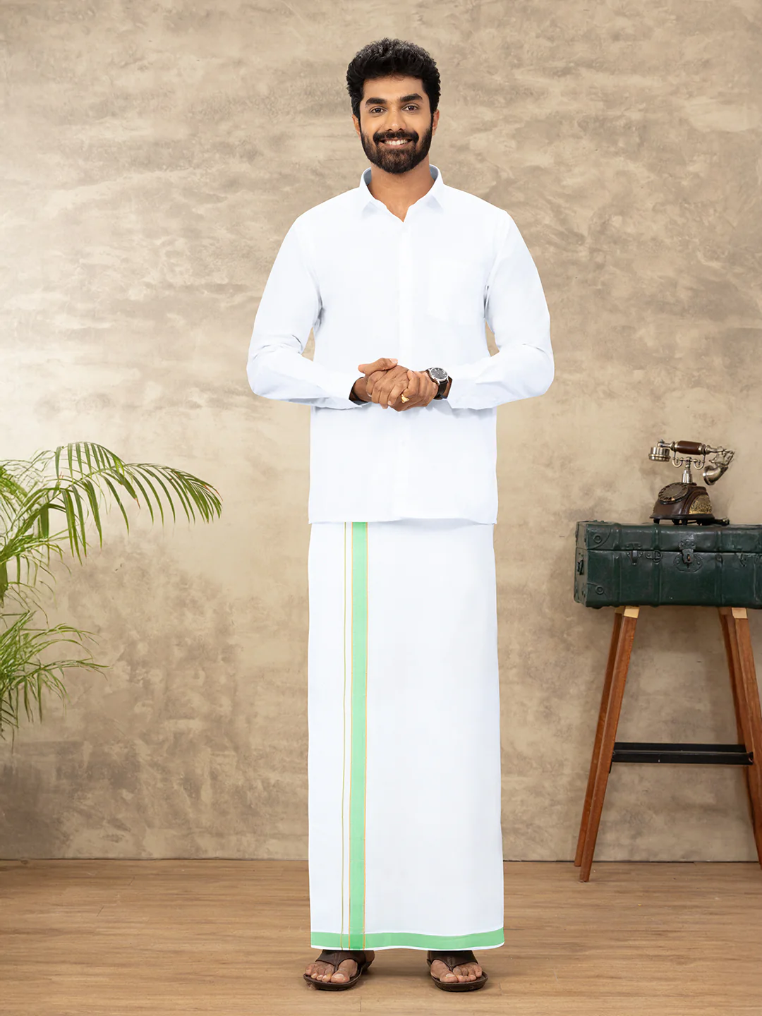 Men Cotton Blend Readymade Single Layer White Dhoti with Fancy Jari Border GACJ43 - Image 2