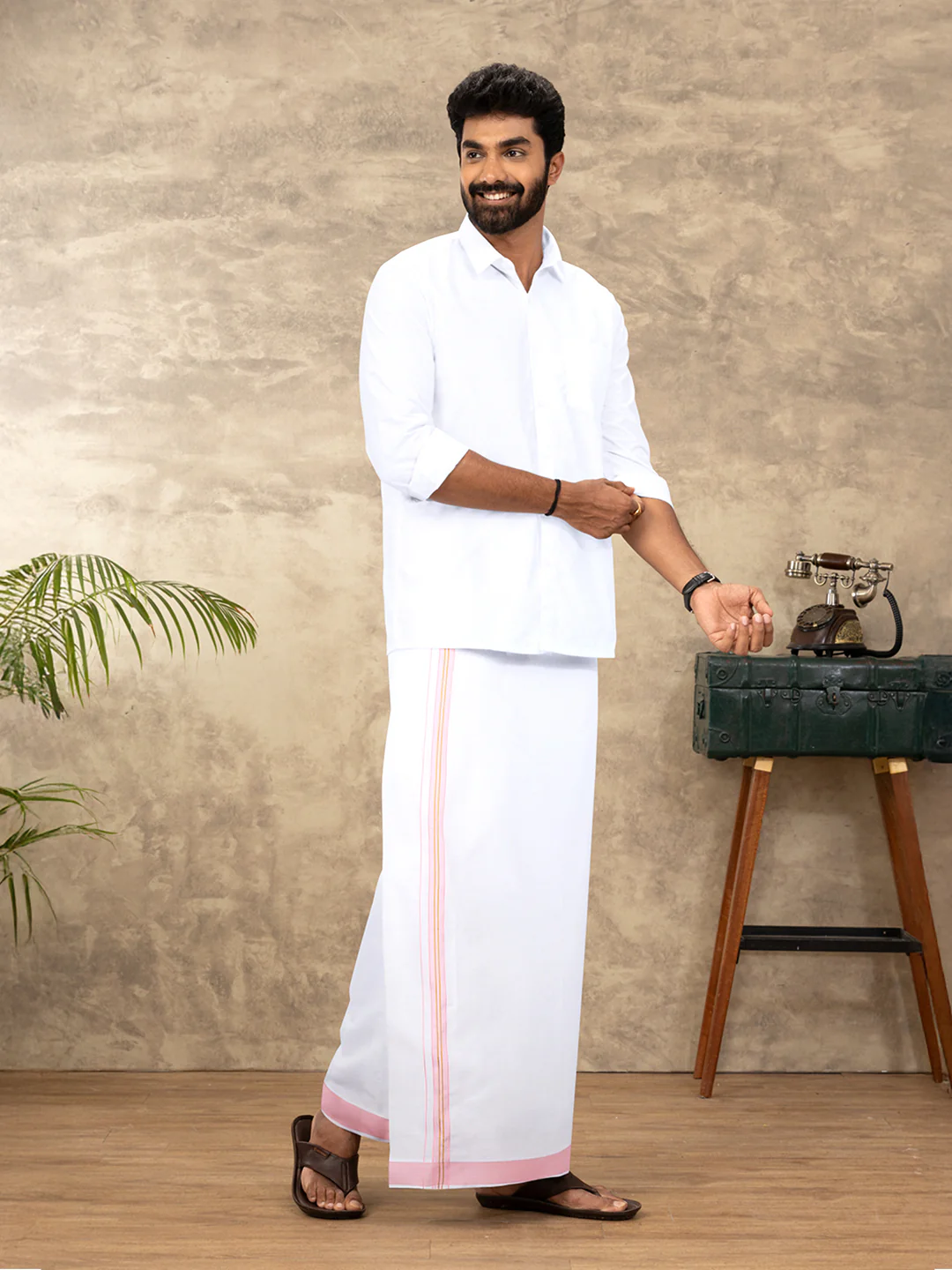 Men Cotton Blend Readymade Single Layer White Dhoti with Fancy Jari Border GACJ44 - Image 2