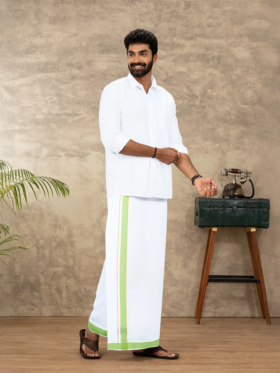 Men Cotton Blend Readymade Single Layer White Dhoti with Fancy Jari Border GACJ45 - Image 2