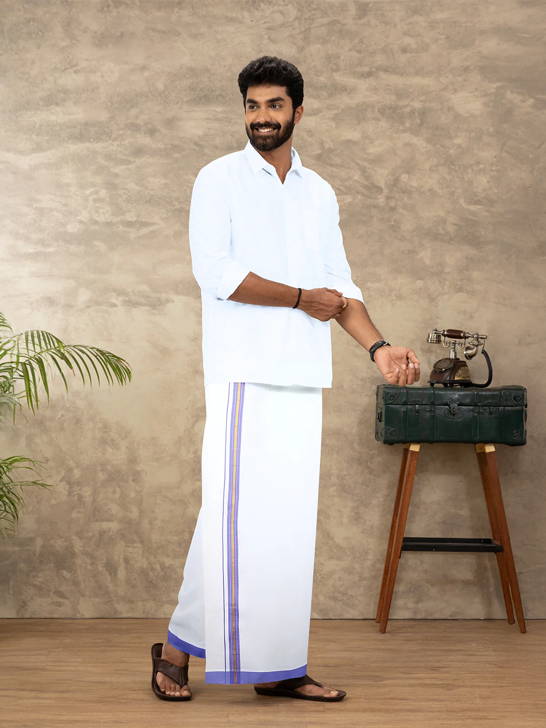 Men Cotton Blend Readymade Single Layer White Dhoti with Fancy Jari Border GACJ47 - Image 2