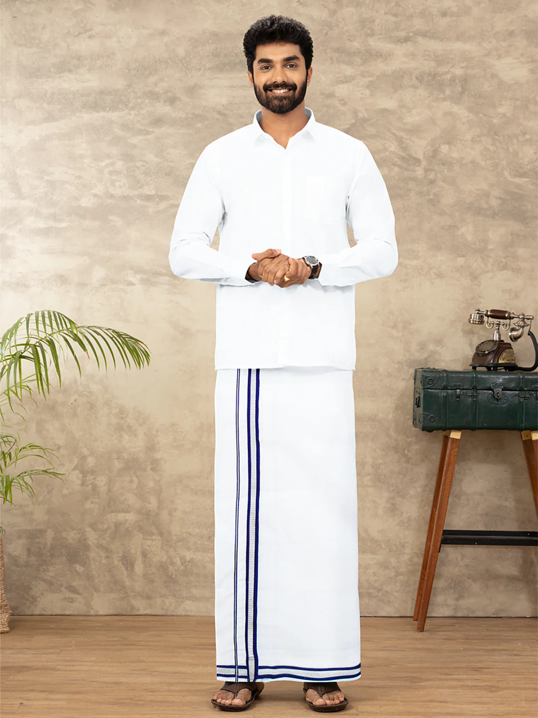 Men Cotton Blend Readymade Single Layer White Dhoti with Fancy Jari Border GASC01 - Image 2