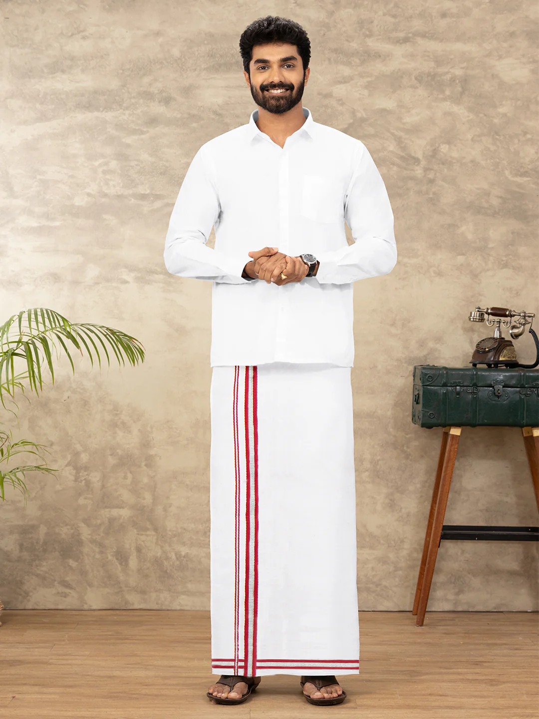 Men Cotton Blend Readymade Single Layer White Dhoti with Fancy Jari Border GASC03 - Image 2
