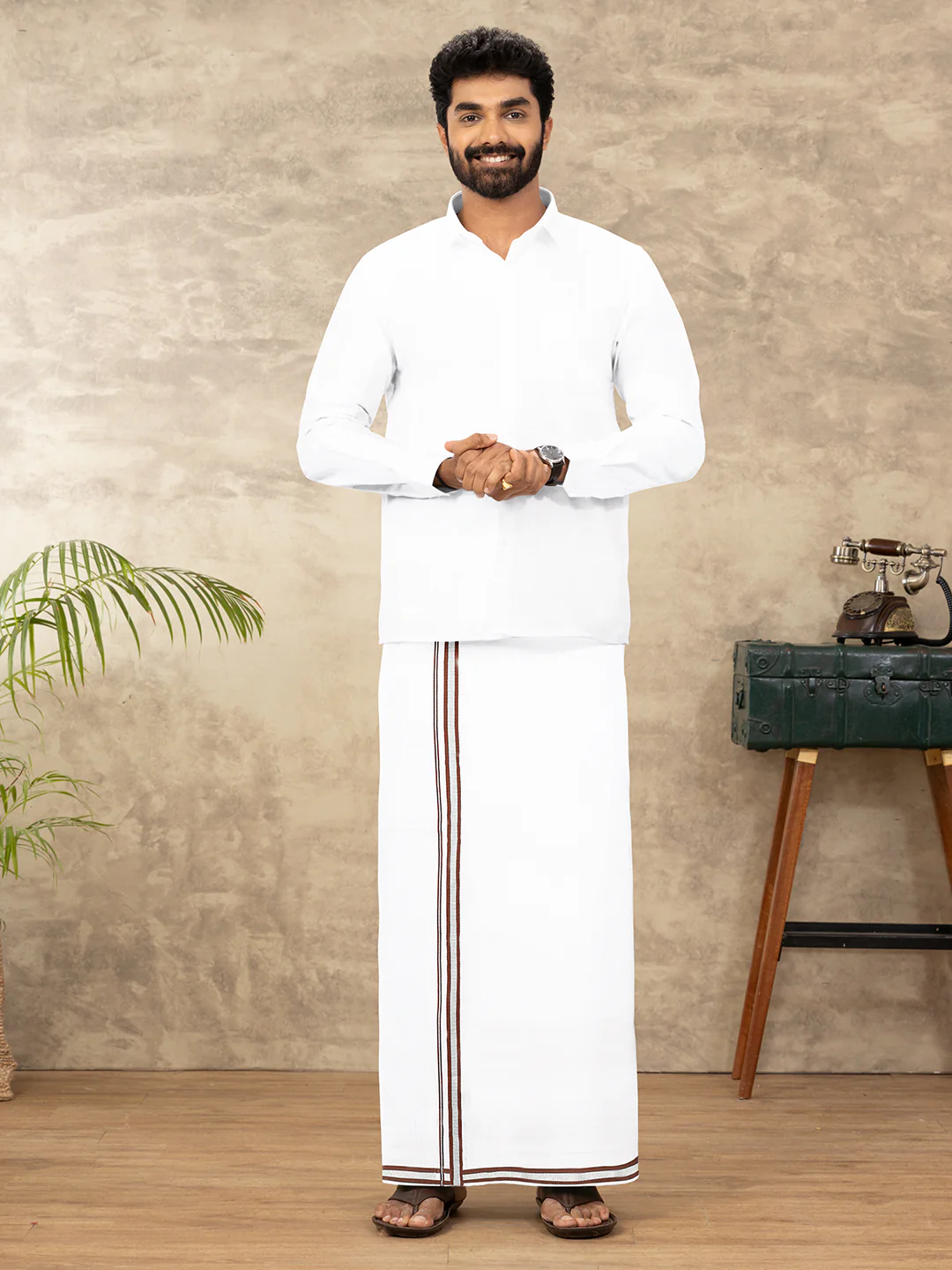 Men Cotton Blend Readymade Single Layer White Dhoti with Fancy Jari Border GASC04 - Image 2
