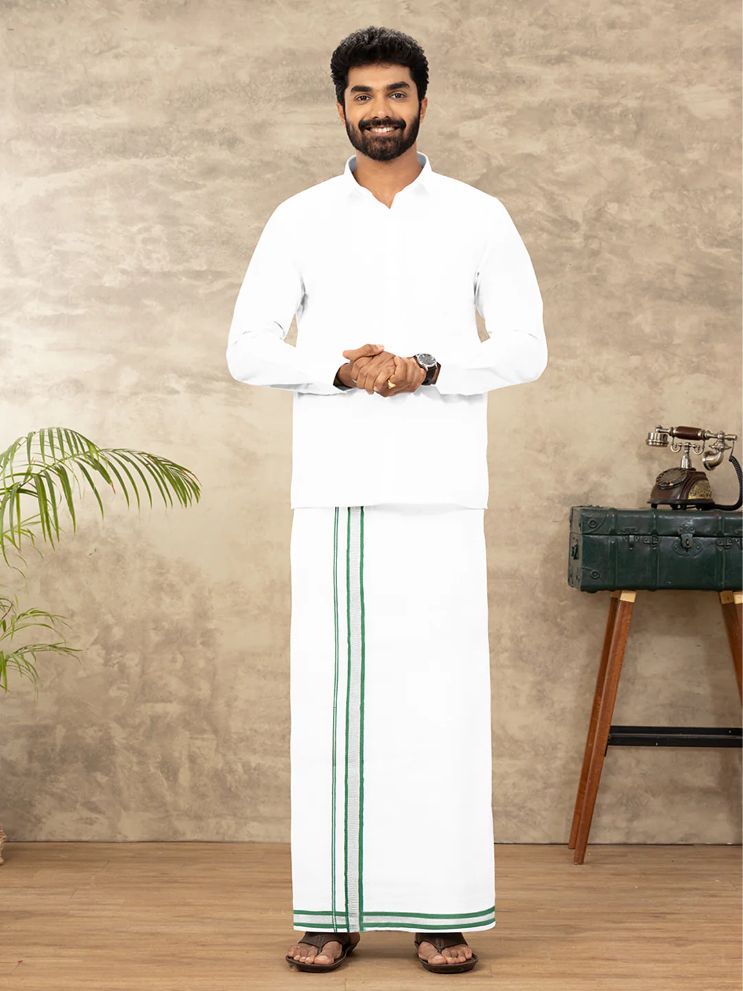 Men Cotton Blend Readymade Single Layer White Dhoti with Fancy Jari Border GASC06 - Image 2
