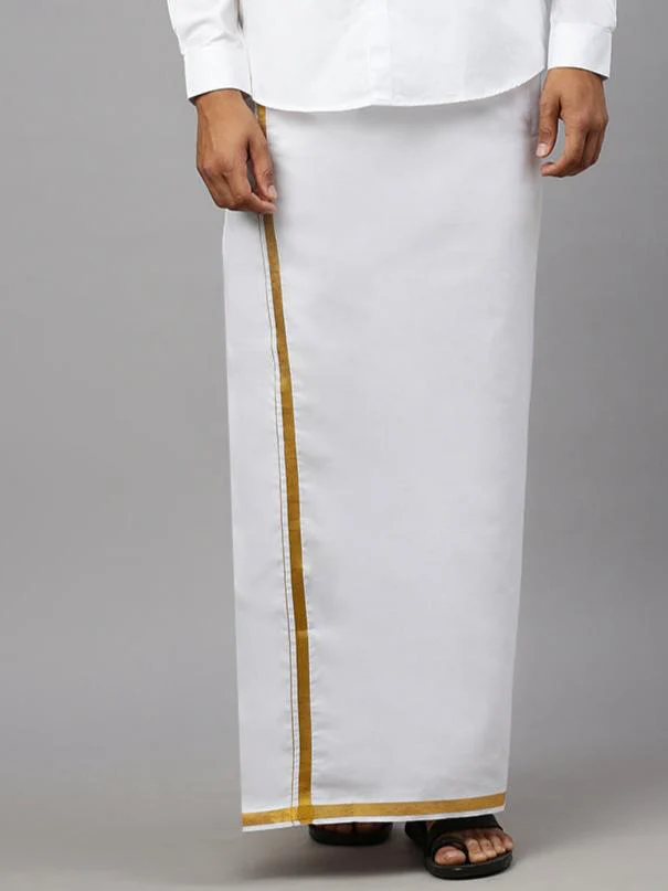 Men Cotton Blend Readymade Single Layer White Dhoti with Gold Jari Border