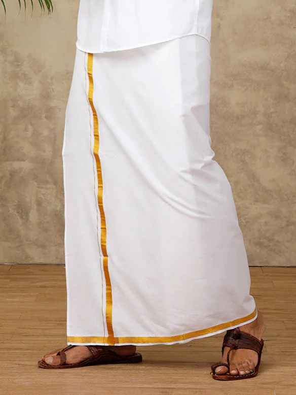 Men Cotton Blend Readymade Single Layer White Dhoti with Gold Jari Border 248 - Image 3