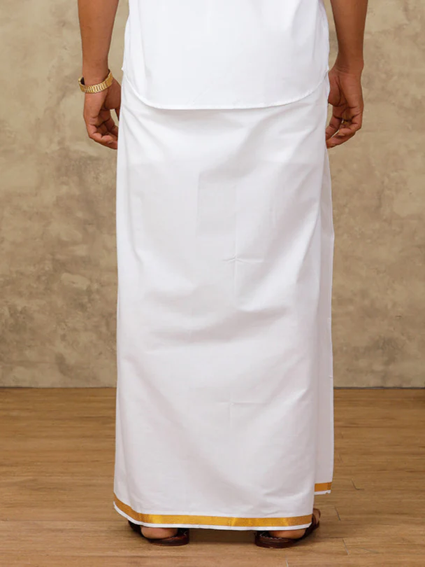Men Cotton Blend Readymade Single Layer White Dhoti with Gold Jari Border 248 - Image 4