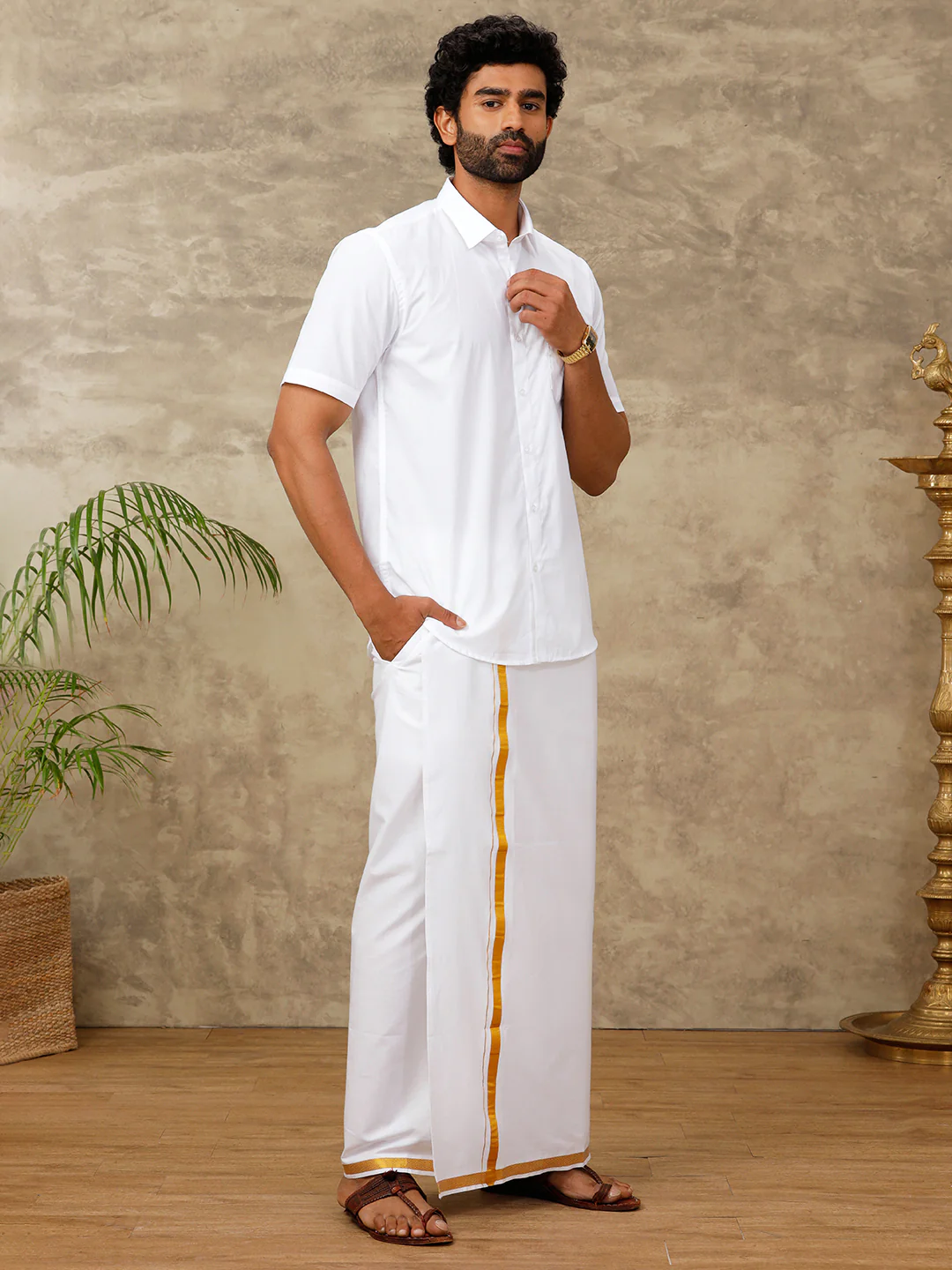 Men Cotton Blend Readymade Single Layer White Dhoti with Gold Jari Border 248 - Image 6