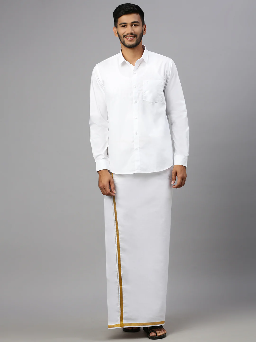 Men Cotton Blend Readymade Single Layer White Dhoti with Gold Jari Border  M146 - Image 3