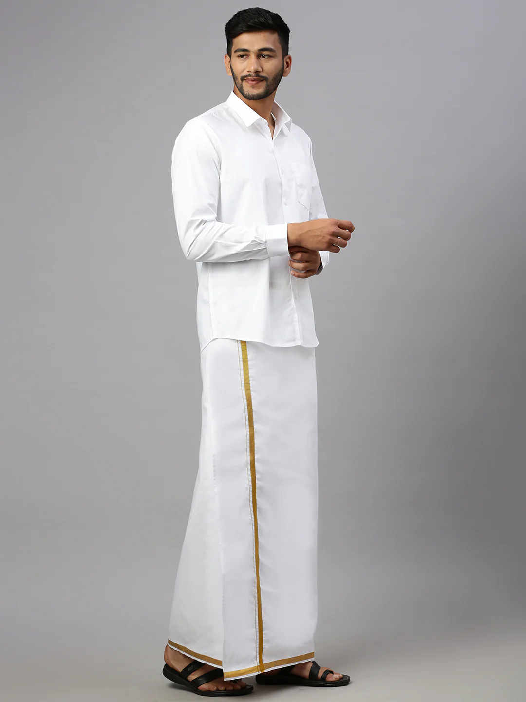 Men Cotton Blend Readymade Single Layer White Dhoti with Gold Jari Border  M146 - Image 4