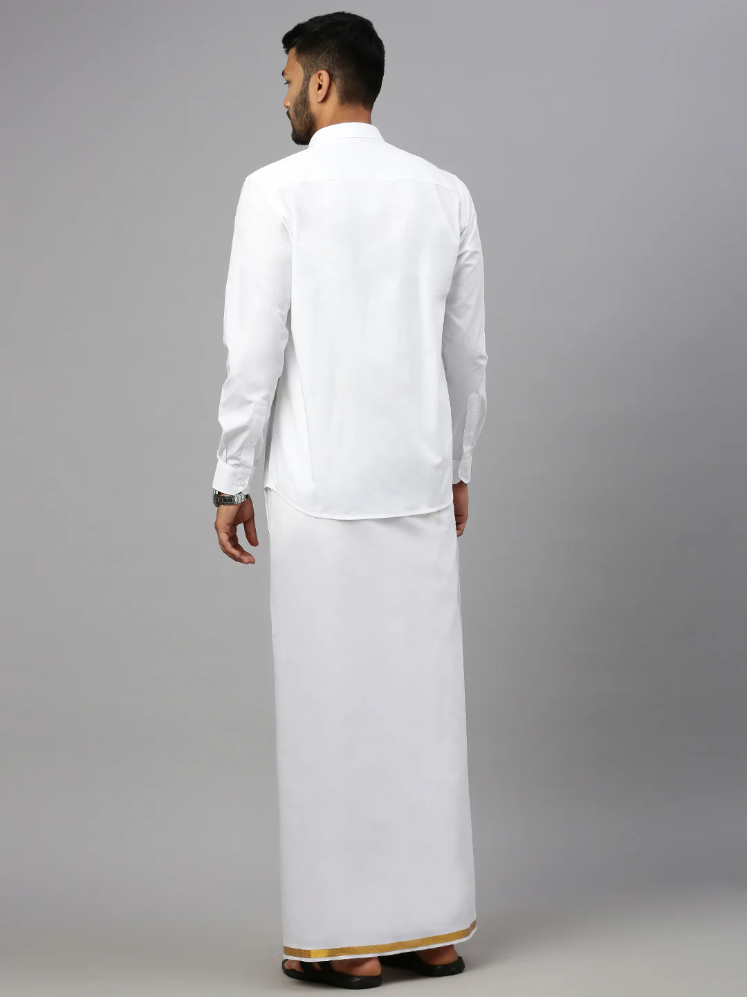 Men Cotton Blend Readymade Single Layer White Dhoti with Gold Jari Border  M146 - Image 5
