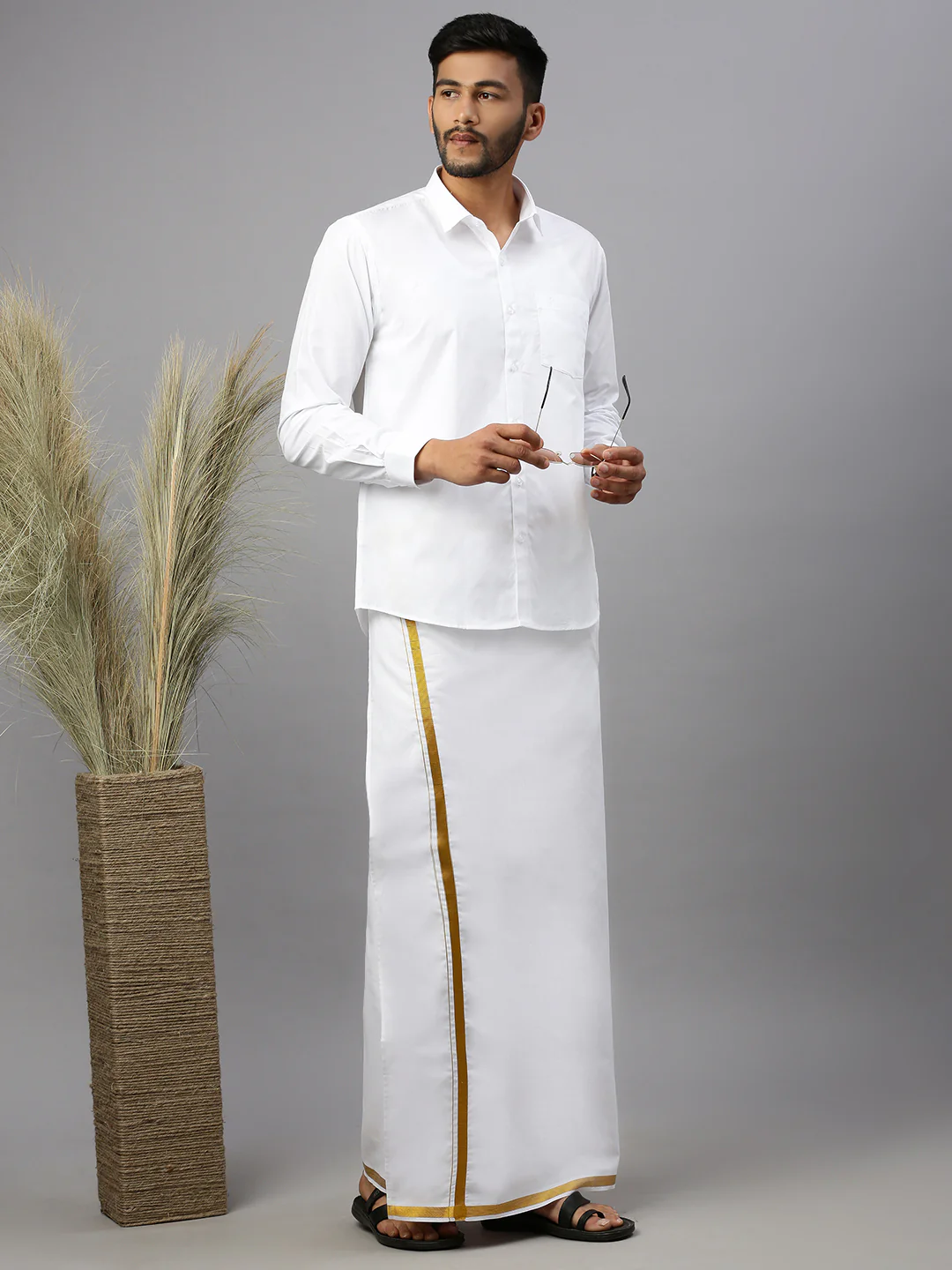 Men Cotton Blend Readymade Single Layer White Dhoti with Gold Jari Border  M146 - Image 6