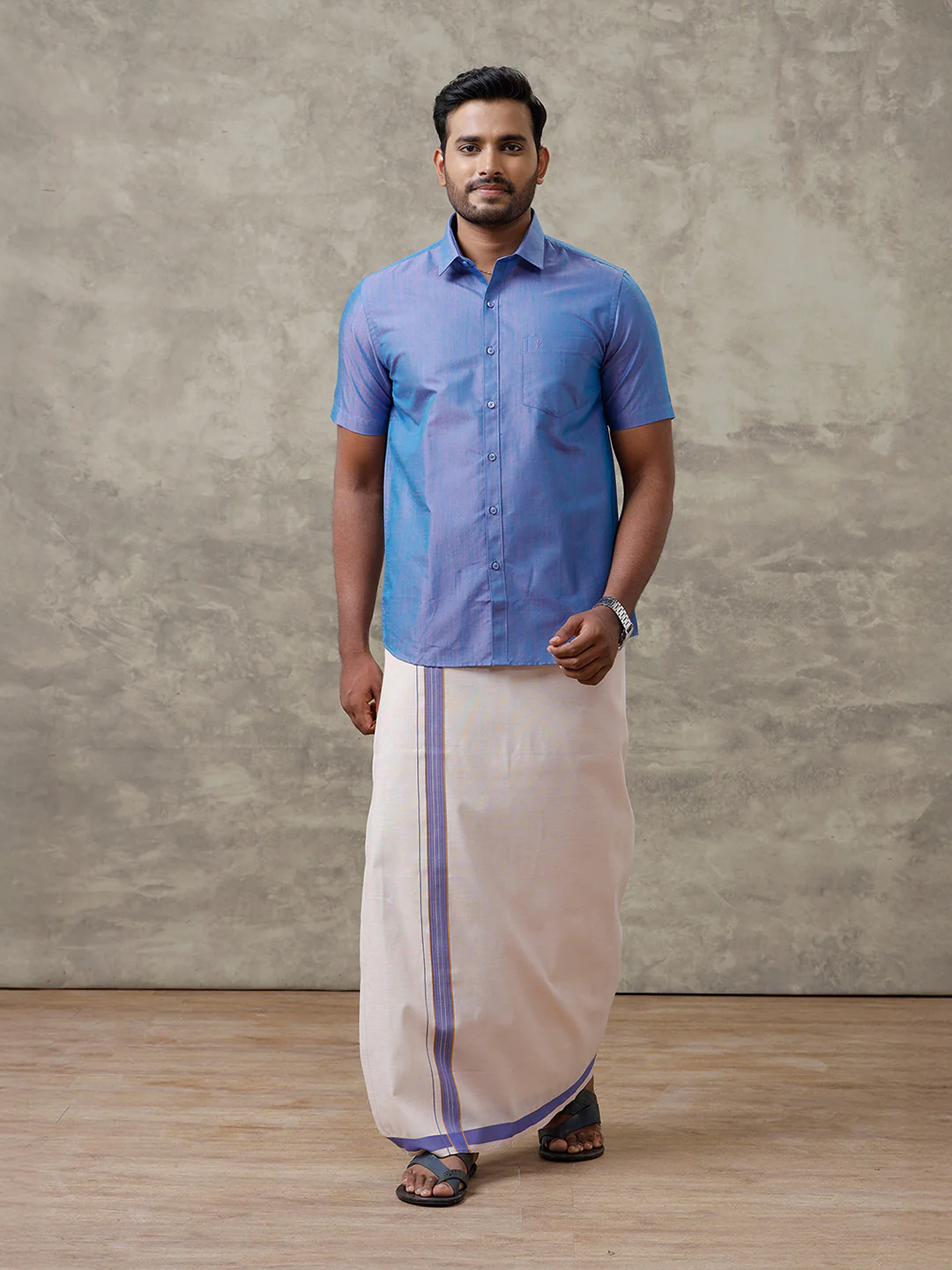 Men Cotton Blend Royal Blue Shirt and Tissue Dhoti Set VB5 - Image 2