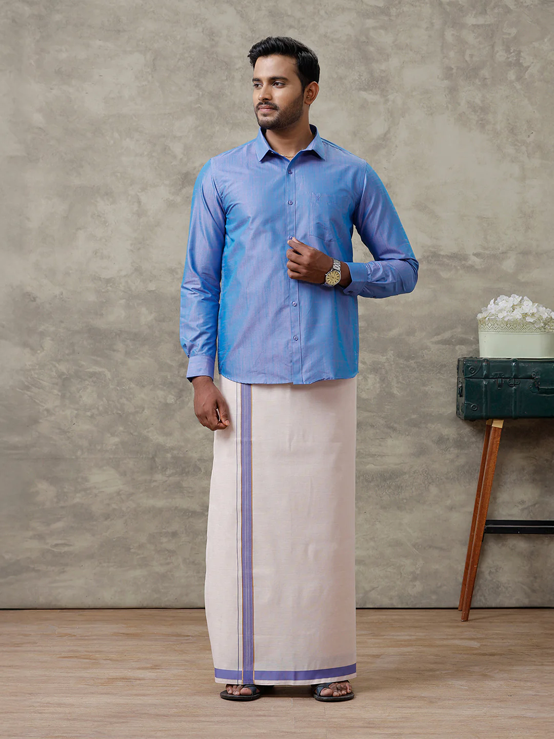 Men Cotton Blend Royal Blue Shirt and Tissue Dhoti Set VB5 - Image 3