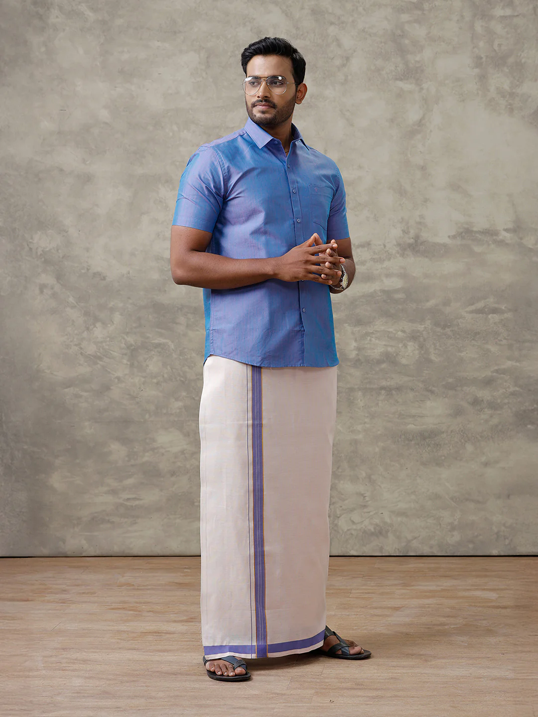 Men Cotton Blend Royal Blue Shirt and Tissue Dhoti Set VB5 - Image 4