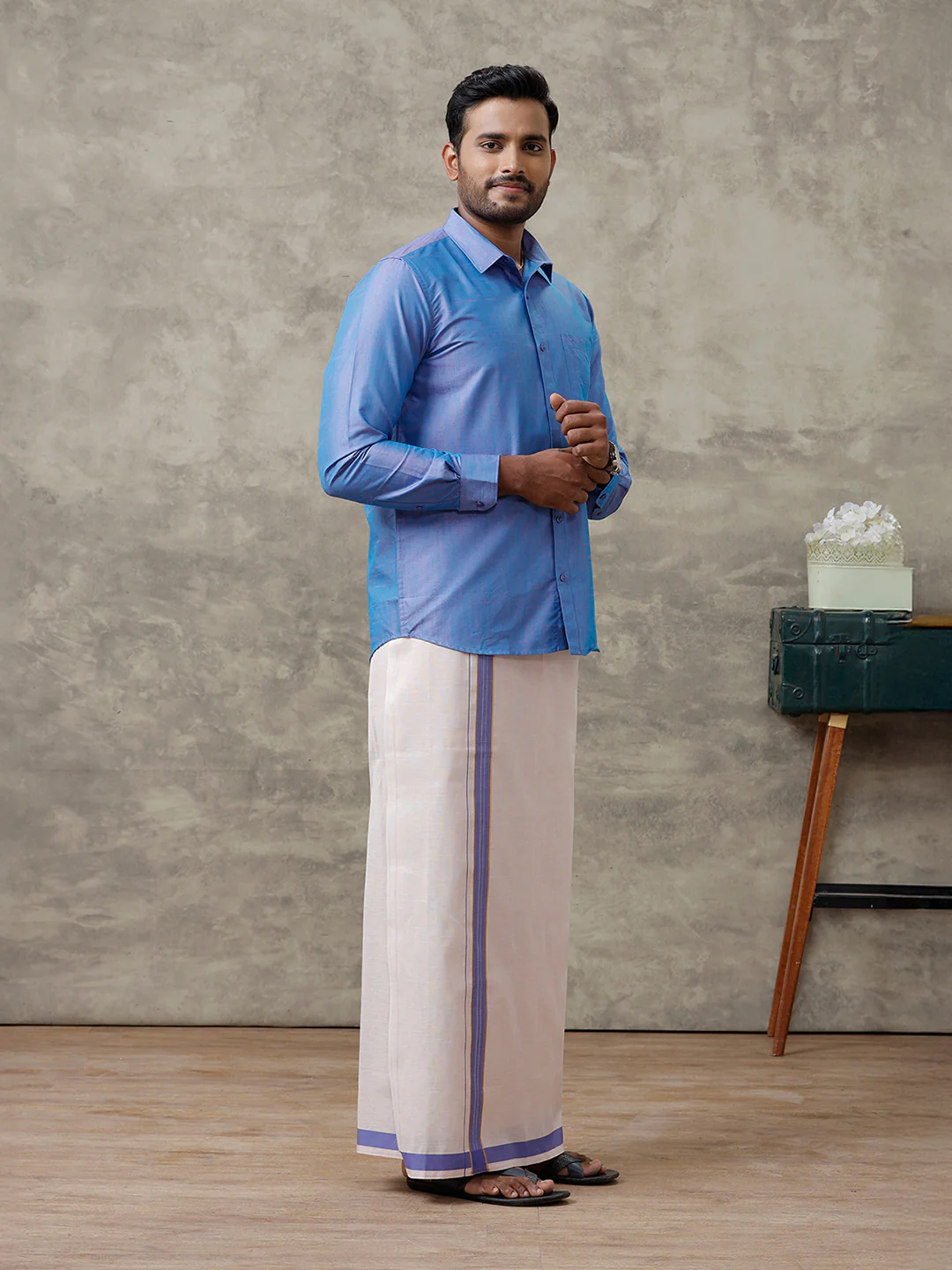 Men Cotton Blend Royal Blue Shirt and Tissue Dhoti Set VB5 - Image 5