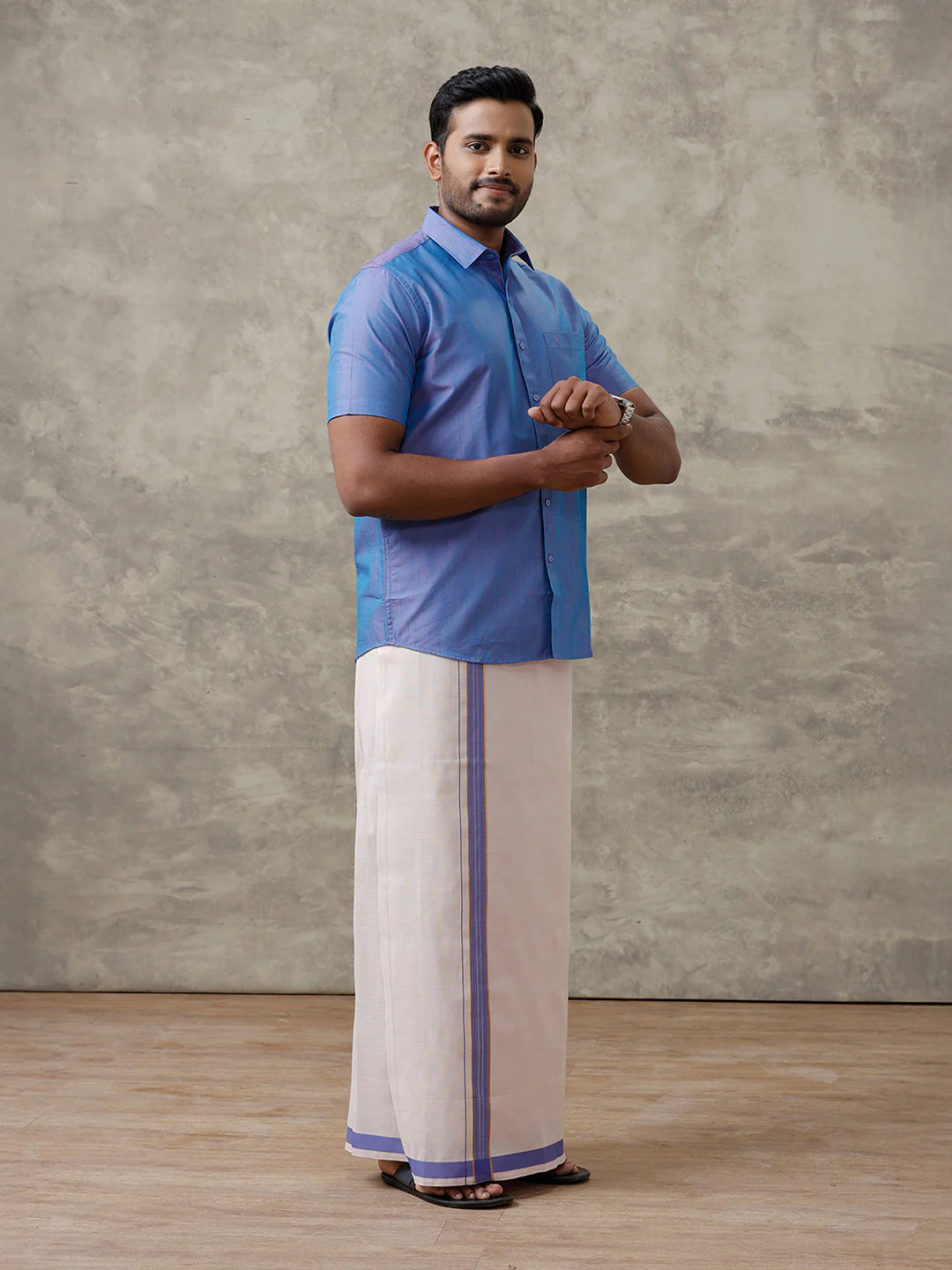 Men Cotton Blend Royal Blue Shirt and Tissue Dhoti Set VB5 - Image 6