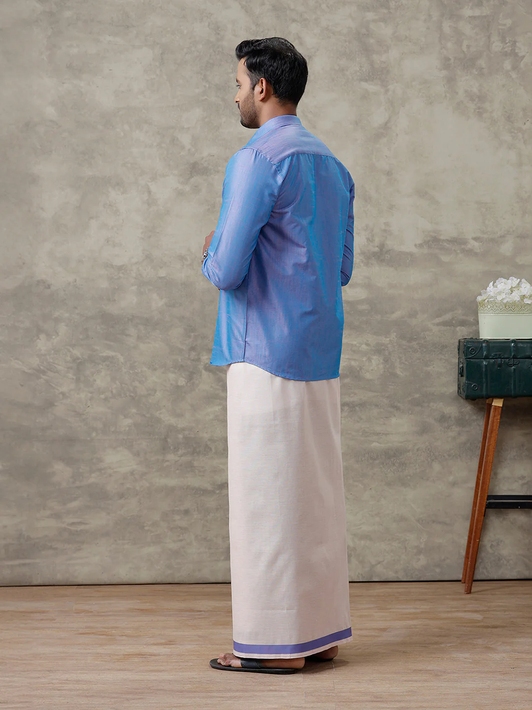 Men Cotton Blend Royal Blue Shirt and Tissue Dhoti Set VB5 - Image 7