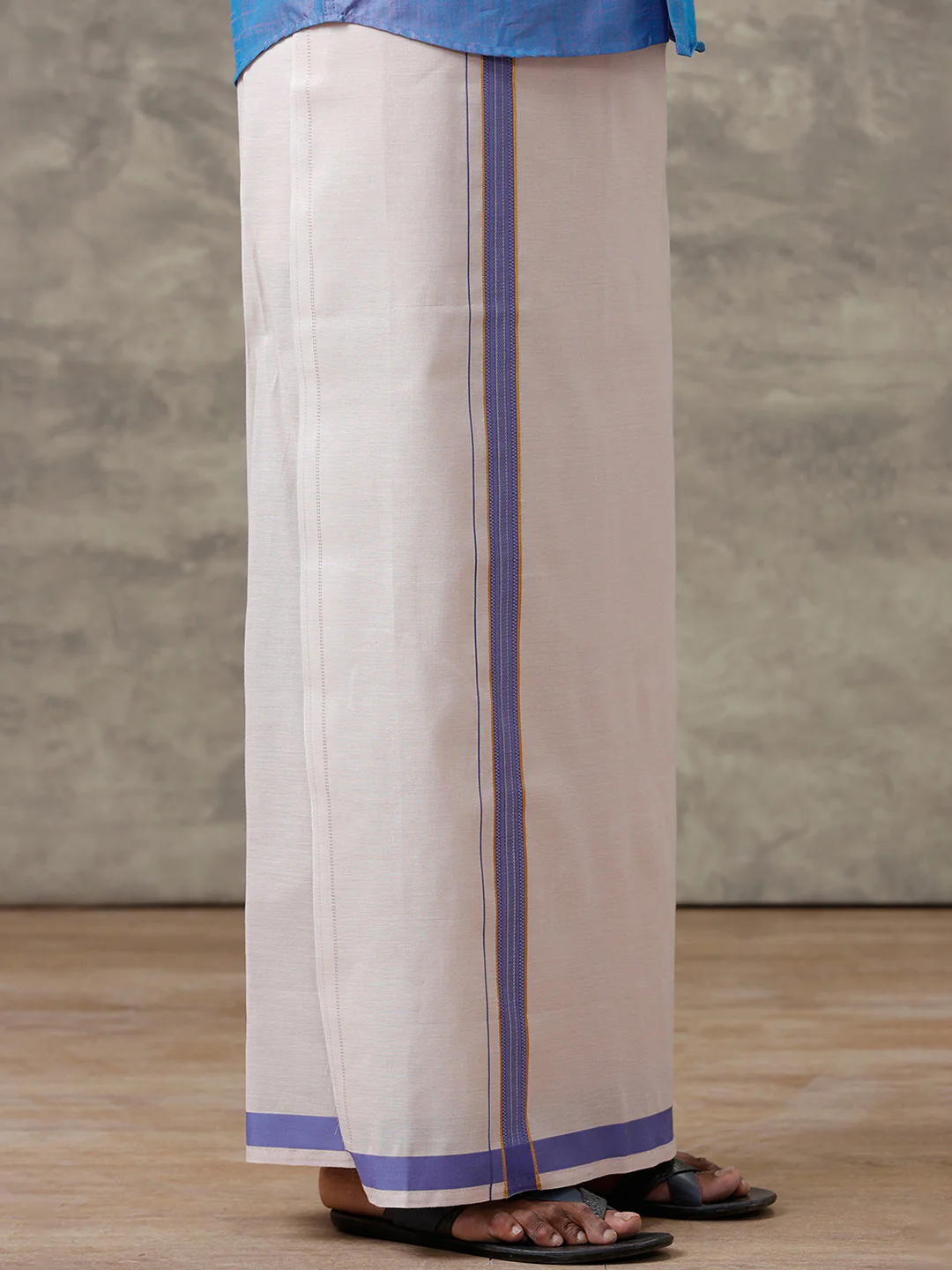 Men Cotton Blend Royal Blue Shirt and Tissue Dhoti Set VB5 - Image 8