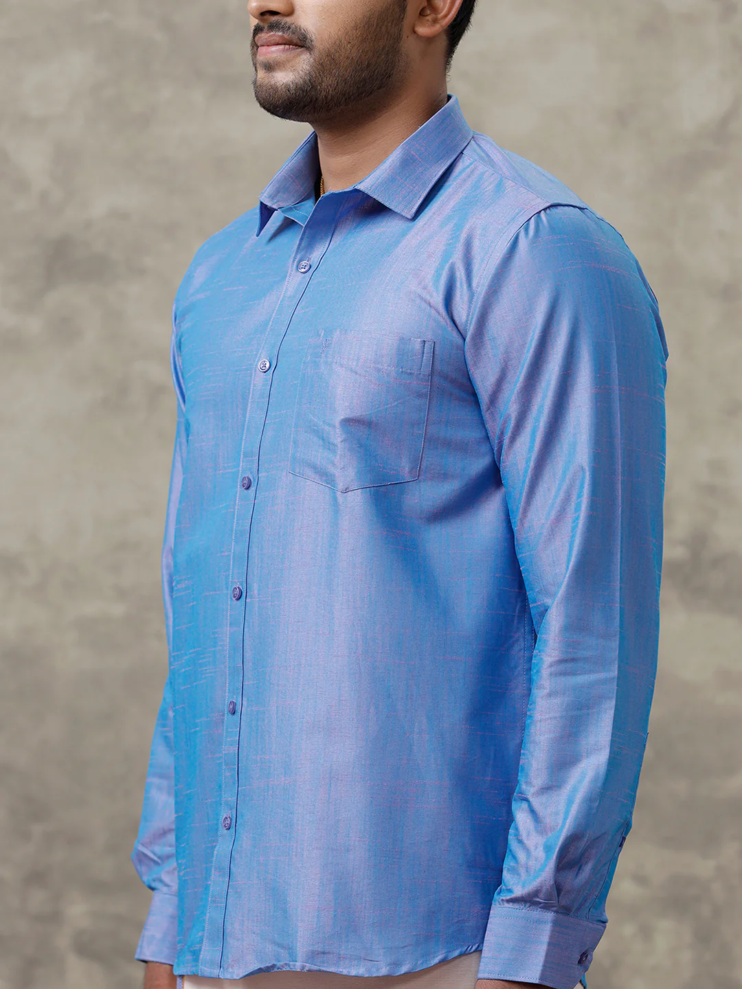 Men Cotton Blend Royal Blue Shirt and Tissue Dhoti Set VB5 - Image 9