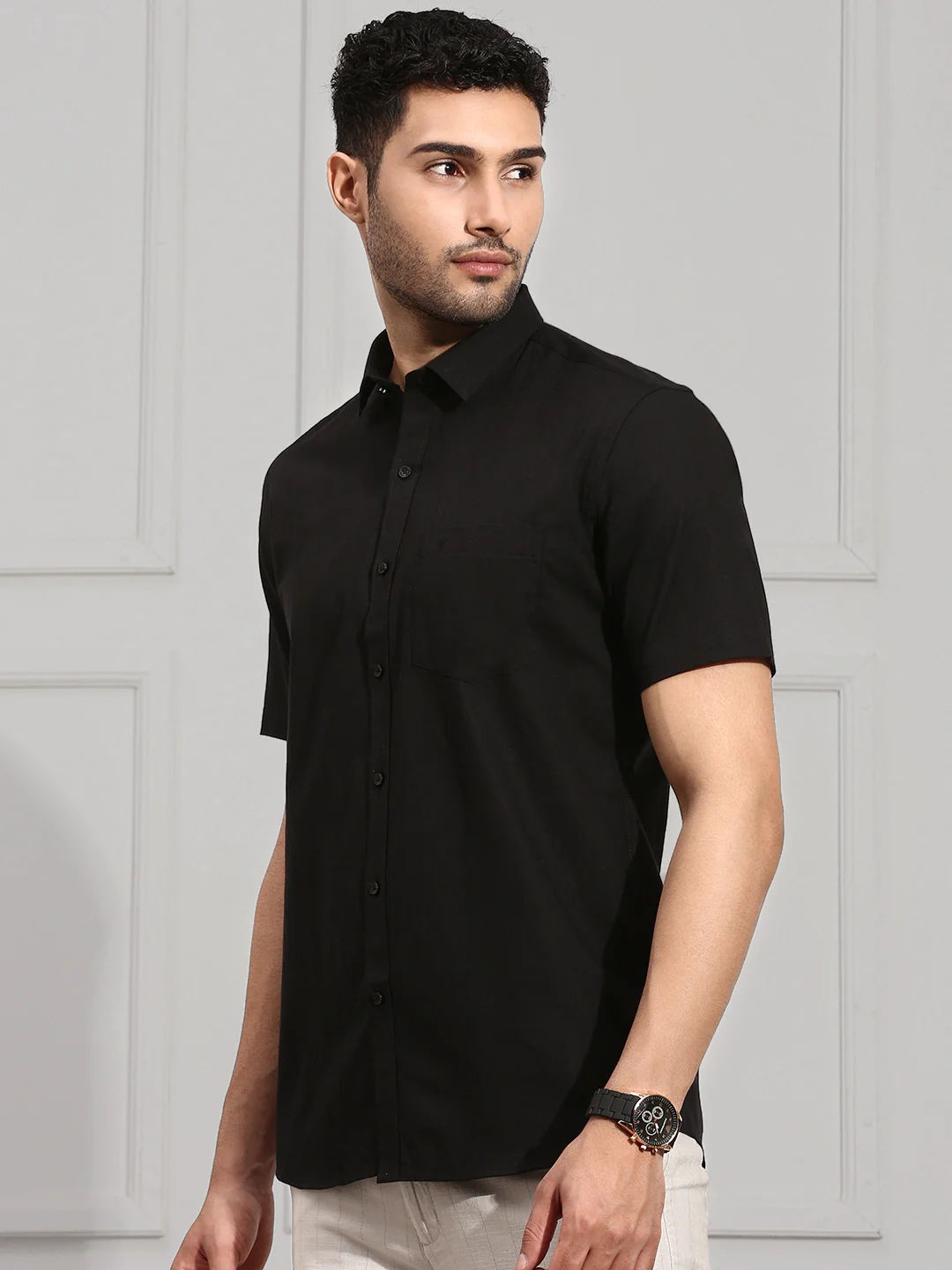 Men Cotton Blend Shirt Black MA8 - Image 2