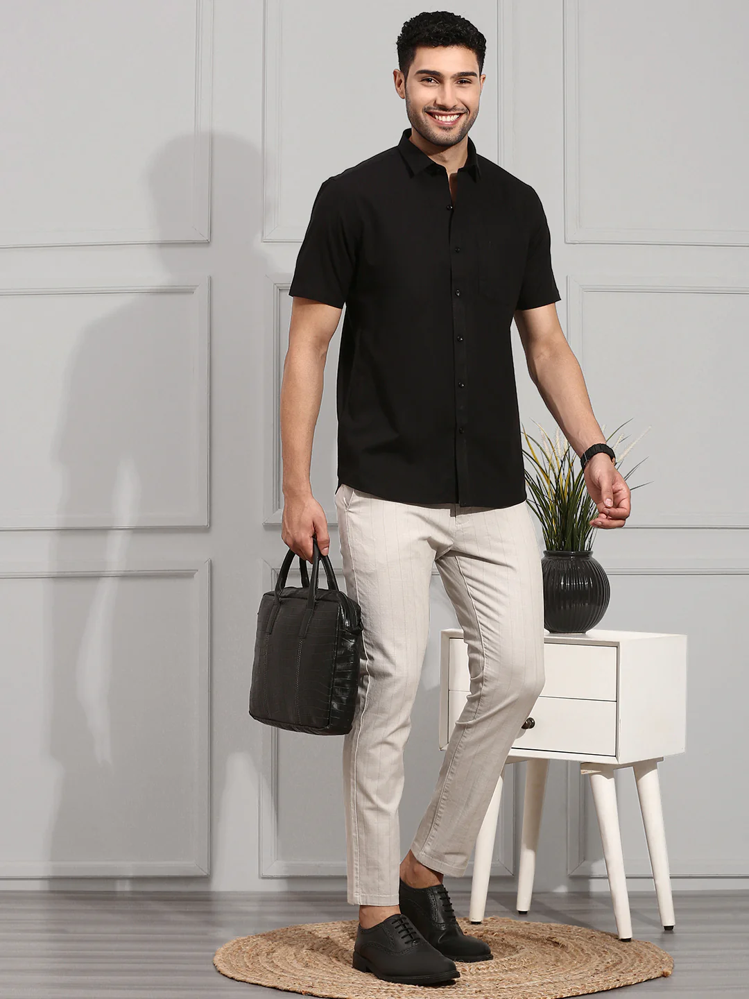 Men Cotton Blend Shirt Black MA8 - Image 7