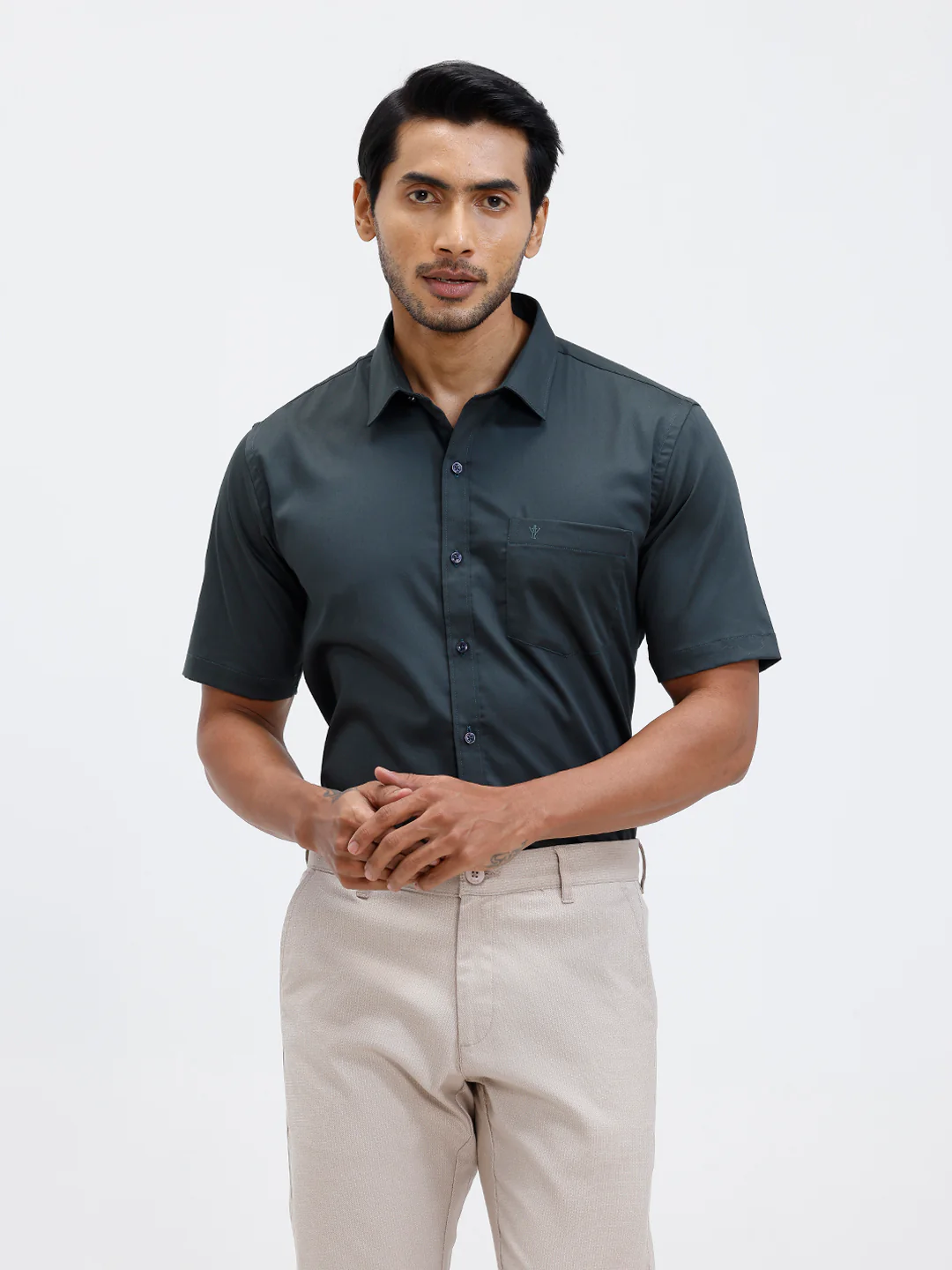 Men Cotton Blend Shirt Dark Green T53 ACT2 - Image 2